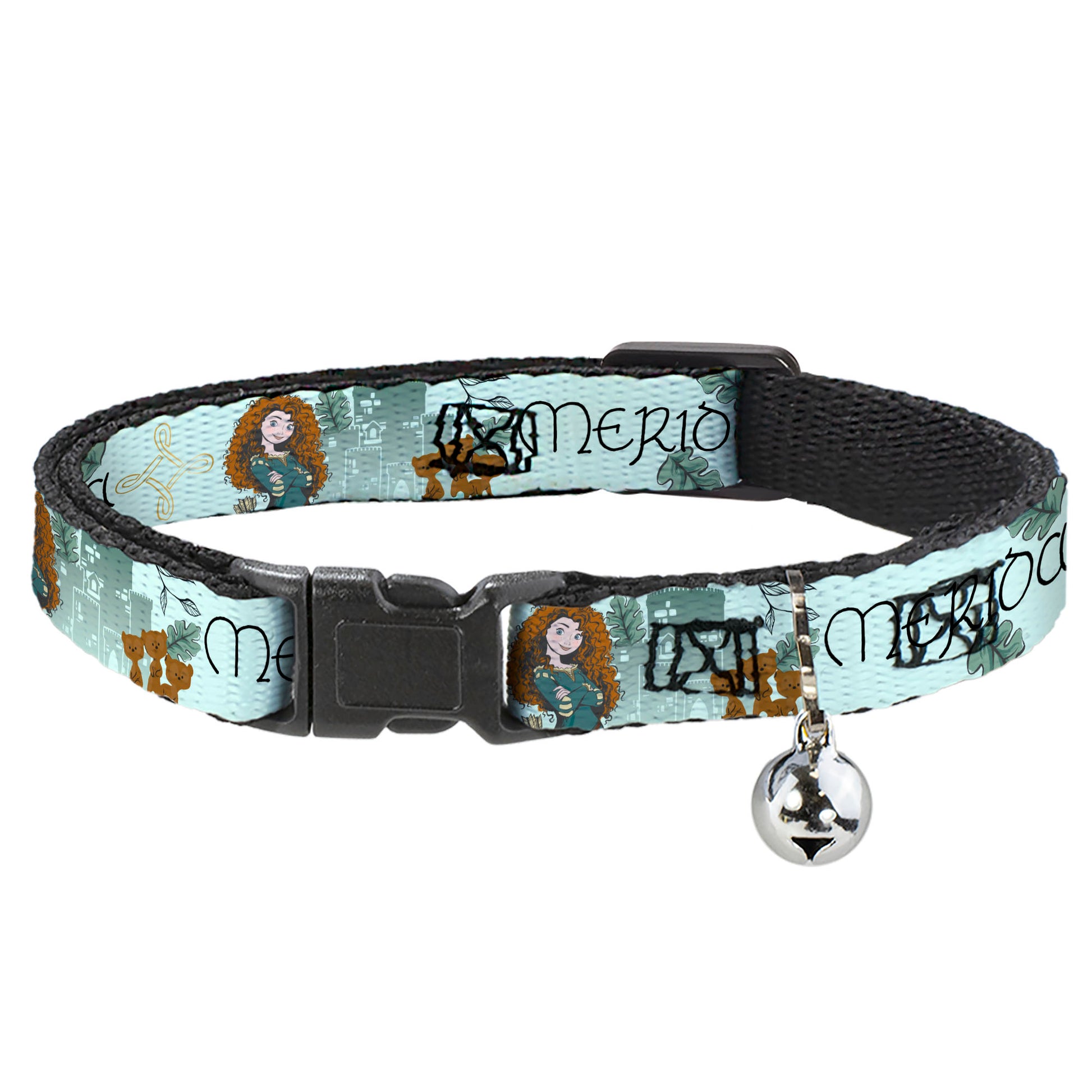 Cat Collar Breakaway with Bell - Brave Merida Castle and Three Bear Brothers Pose with Script Greens - NARROW Fits 8.5-12" Breakaway Cat Collars Disney