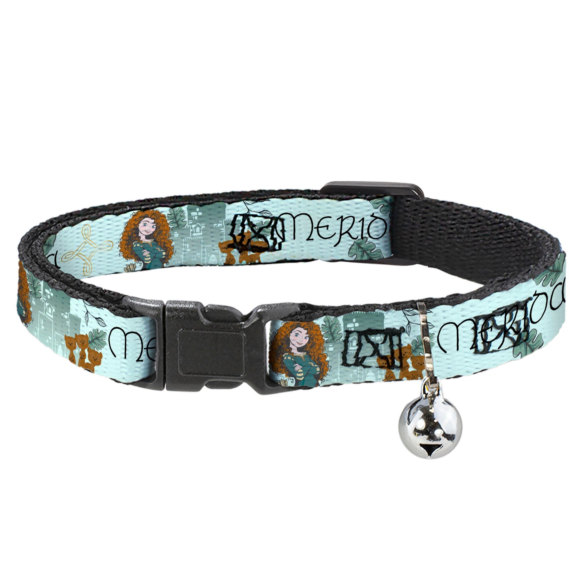 Cat Collar Breakaway with Bell - Brave Merida Castle and Three Bear Brothers Pose with Script Greens - NARROW Fits 8.5-12" Breakaway Cat Collars Disney