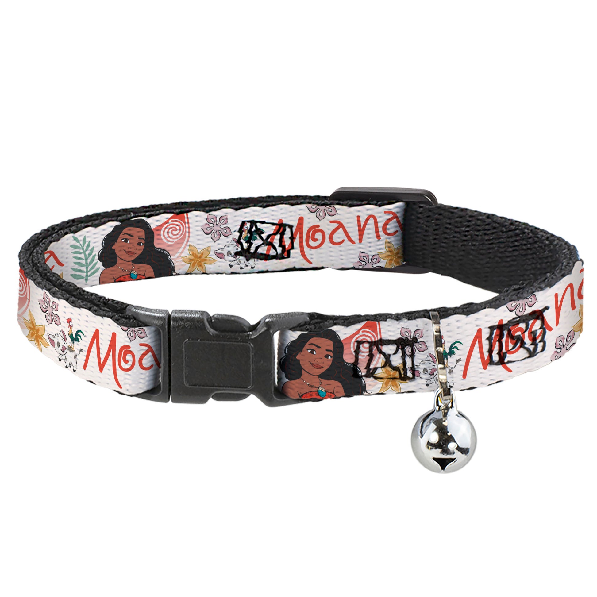 Cat Collar Breakaway with Bell - Moana with Pua and Hei Hei Sail Pose with Script and Flowers Beige Orange - NARROW Fits 8.5-12" Breakaway Cat Collars Disney