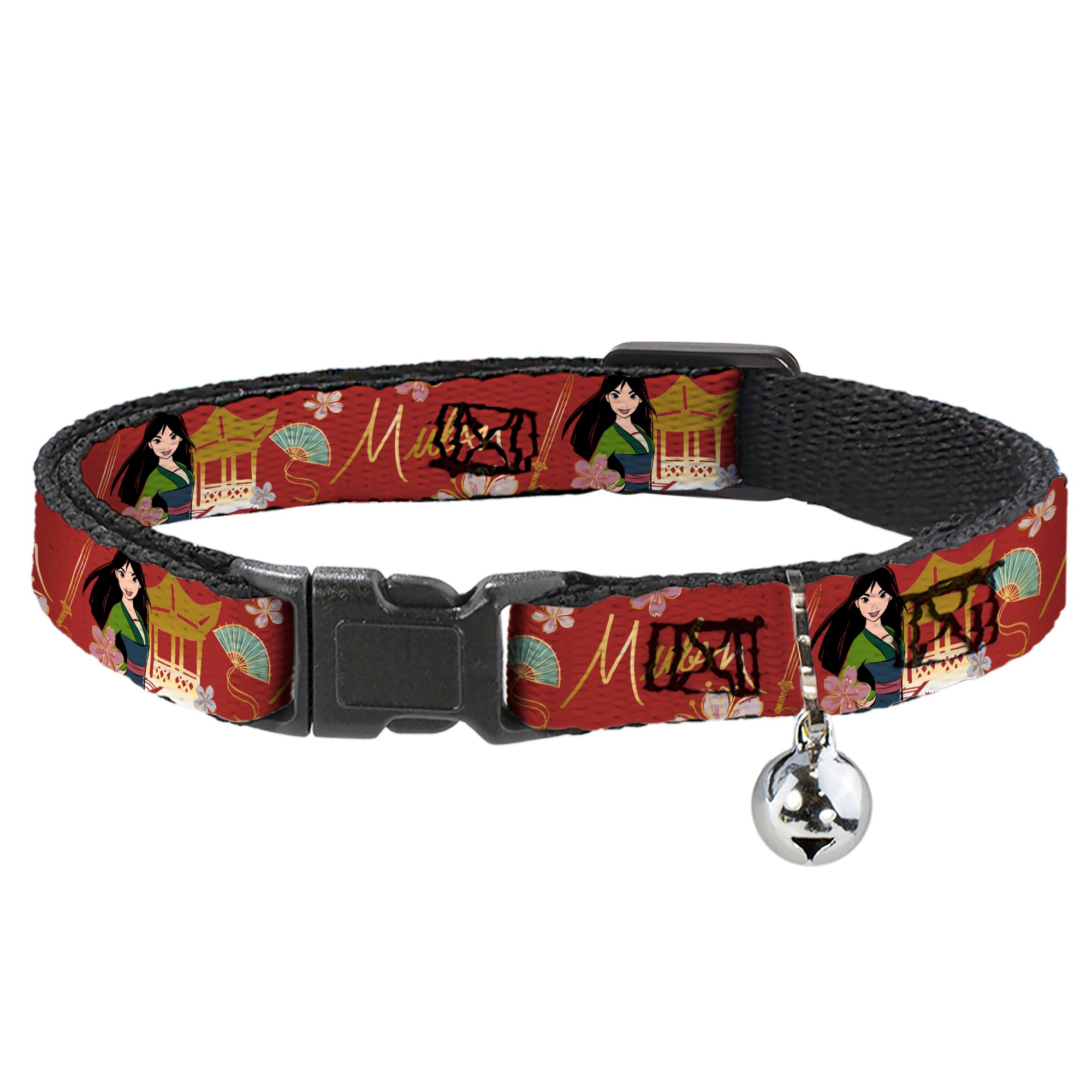 Cat Collar Breakaway with Bell - Mulan Gazebo Pose with Flowers and Script Red Golds - NARROW Fits 8.5-12" Breakaway Cat Collars Disney