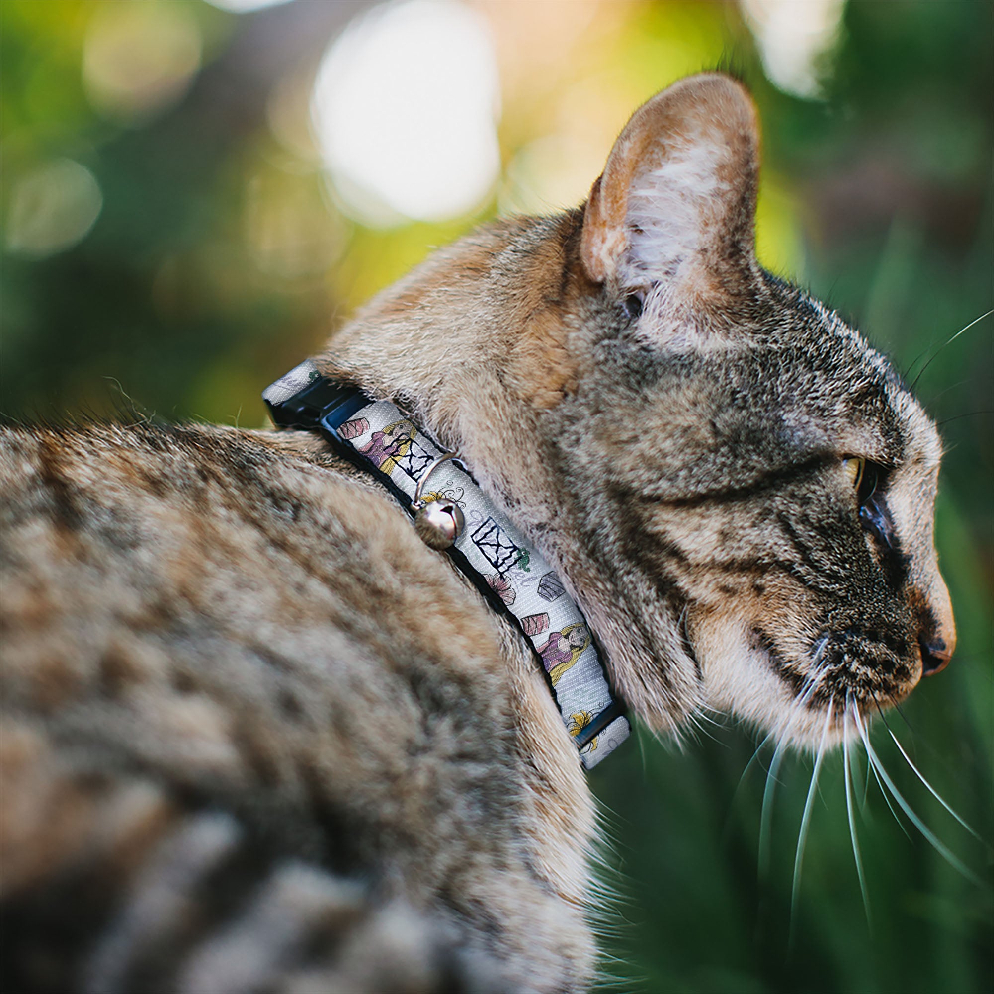 Cat Collar Breakaway with Bell - Rapunzel Castle and Pascual Pose with Script and Flowers White Purples Breakaway Cat Collars Disney
