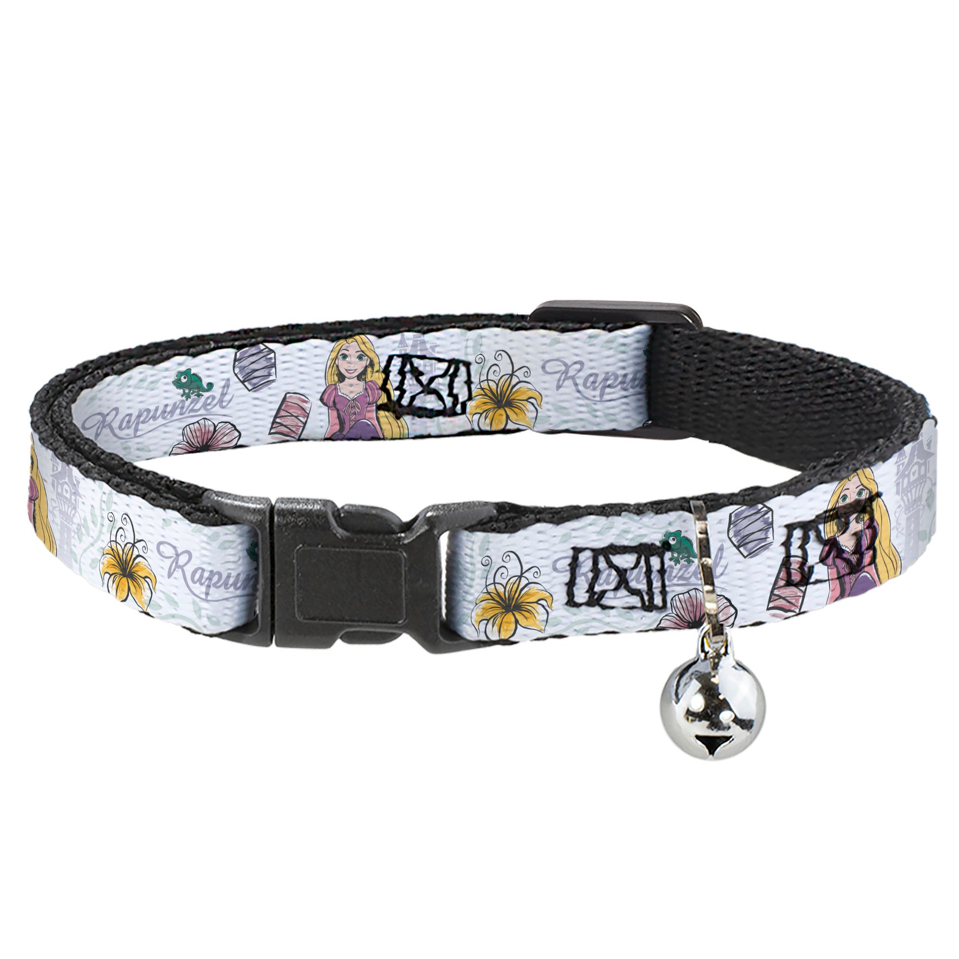 Cat Collar Breakaway with Bell - Rapunzel Castle and Pascual Pose with Script and Flowers White Purples Breakaway Cat Collars Disney