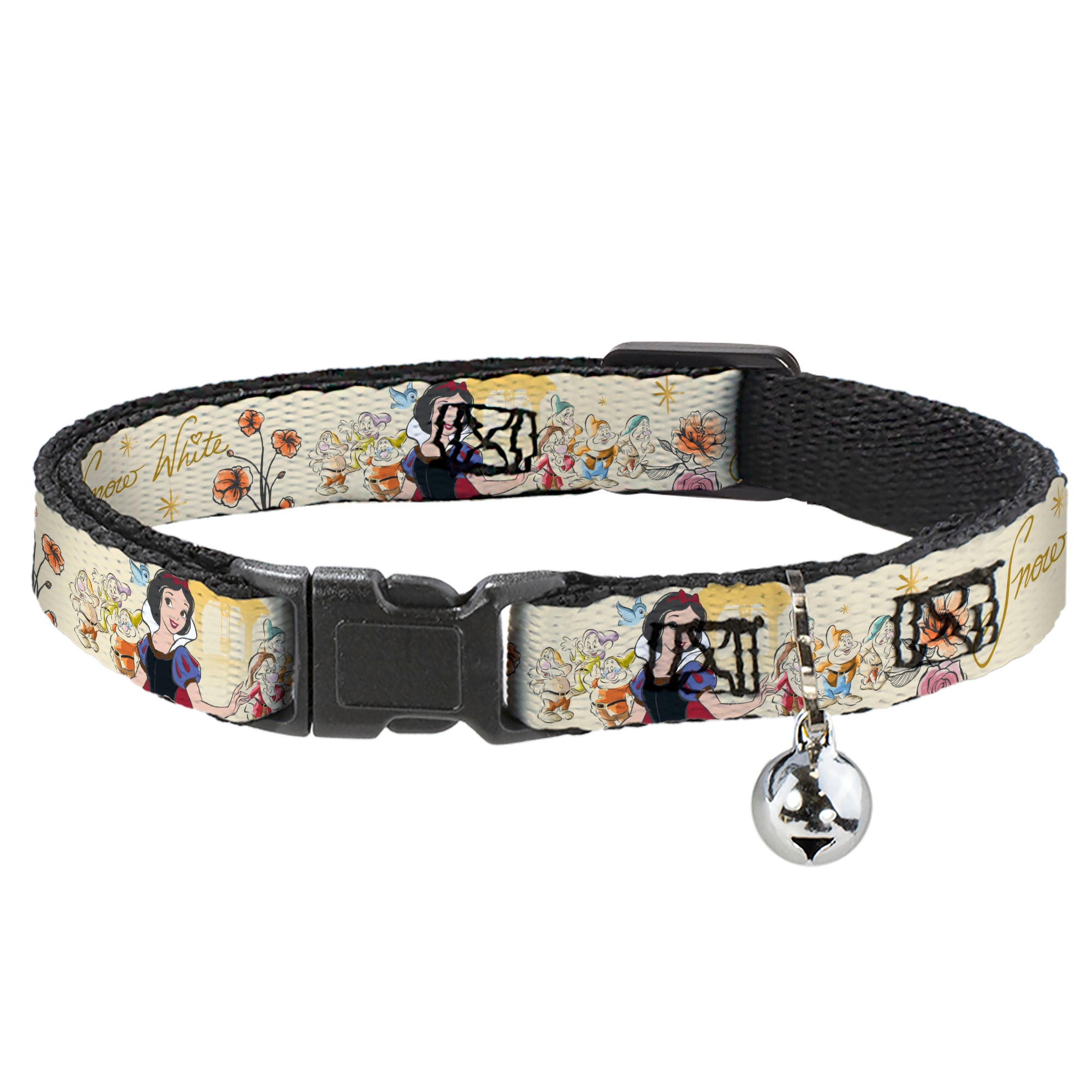 Cat Collar Breakaway with Bell - Snow White and the Seven Dwarfs with Script and Flowers Yellows - NARROW Fits 8.5-12" Breakaway Cat Collars Disney