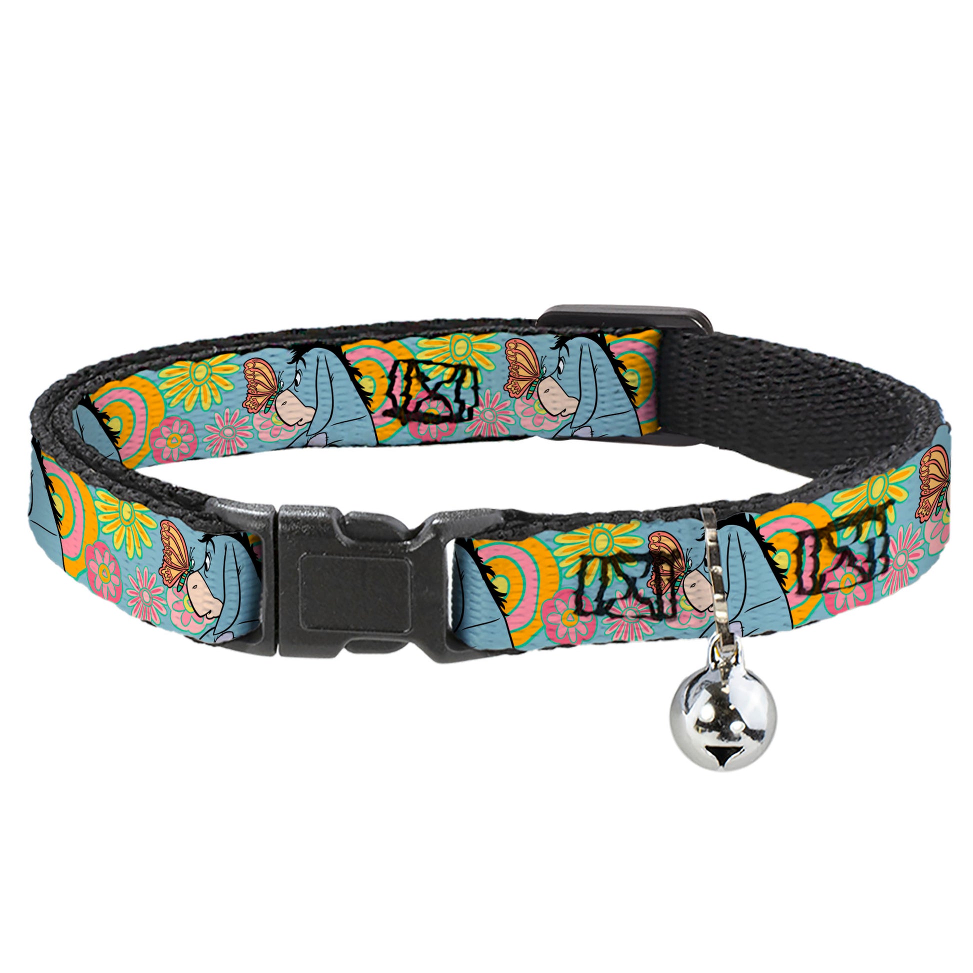 Cat Collar Breakaway with Bell - Winnie the Pooh Eeyore Butterfly Pose Floral Collage Blue Pinks Yellows Breakaway Cat Collars Disney
