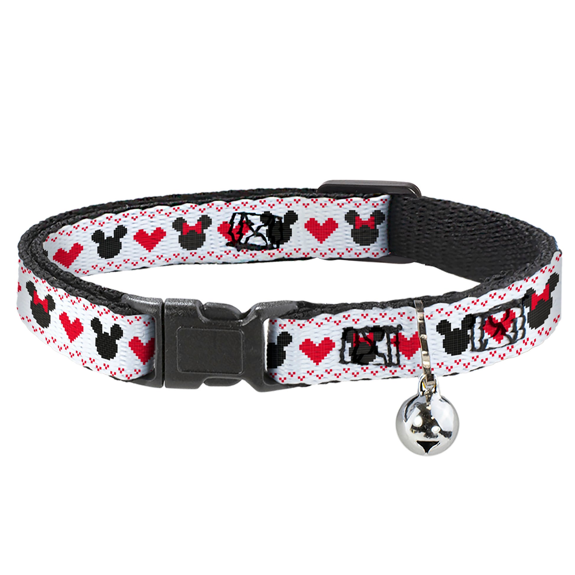 Cat Collar Breakaway with Bell - Disney Holiday Mickey and Minnie Mouse Heart Sweater Stitch White Red Black Breakaway Cat Collars Disney