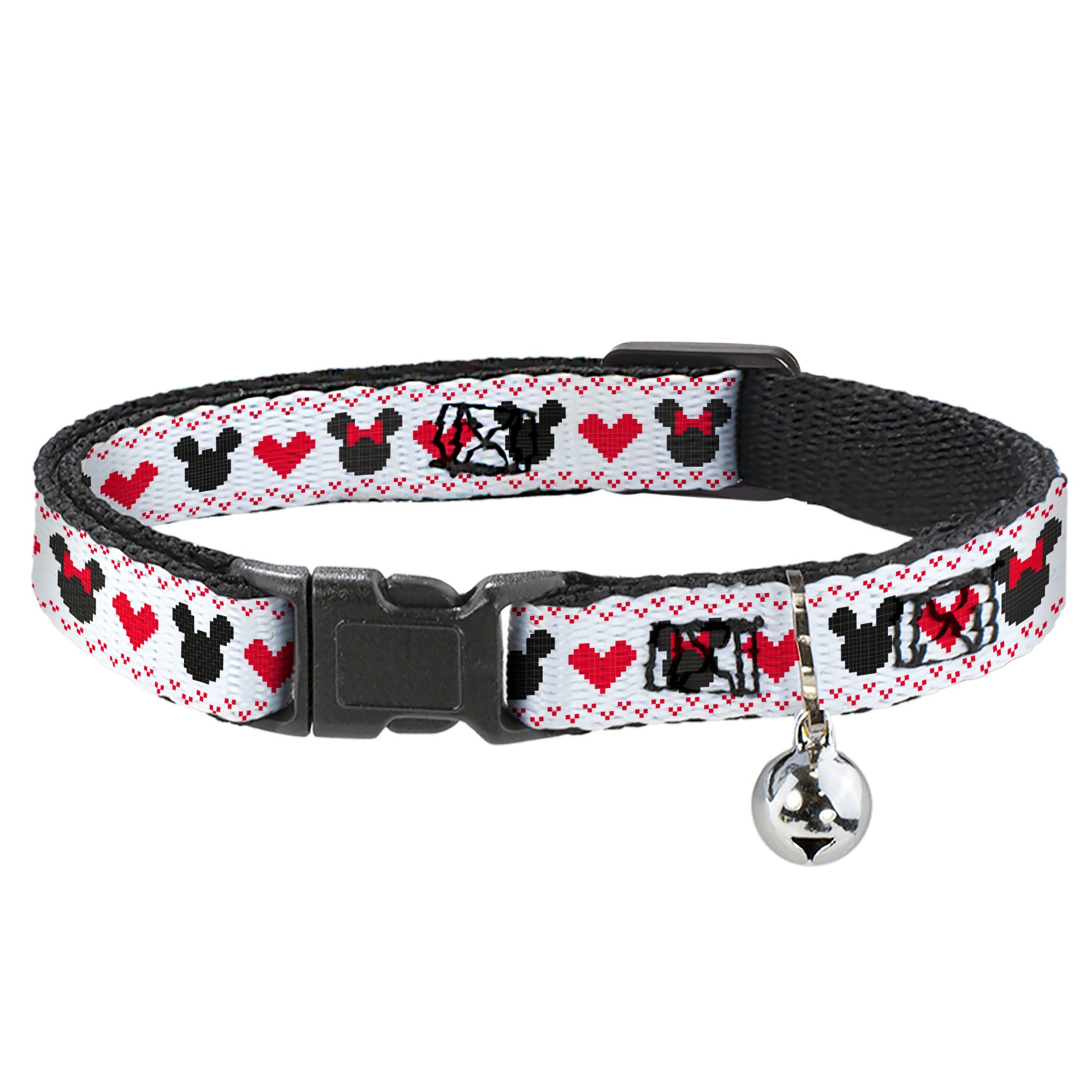 Cat Collar Breakaway with Bell - Disney Holiday Mickey and Minnie Mouse Heart Sweater Stitch White Red Black Breakaway Cat Collars Disney