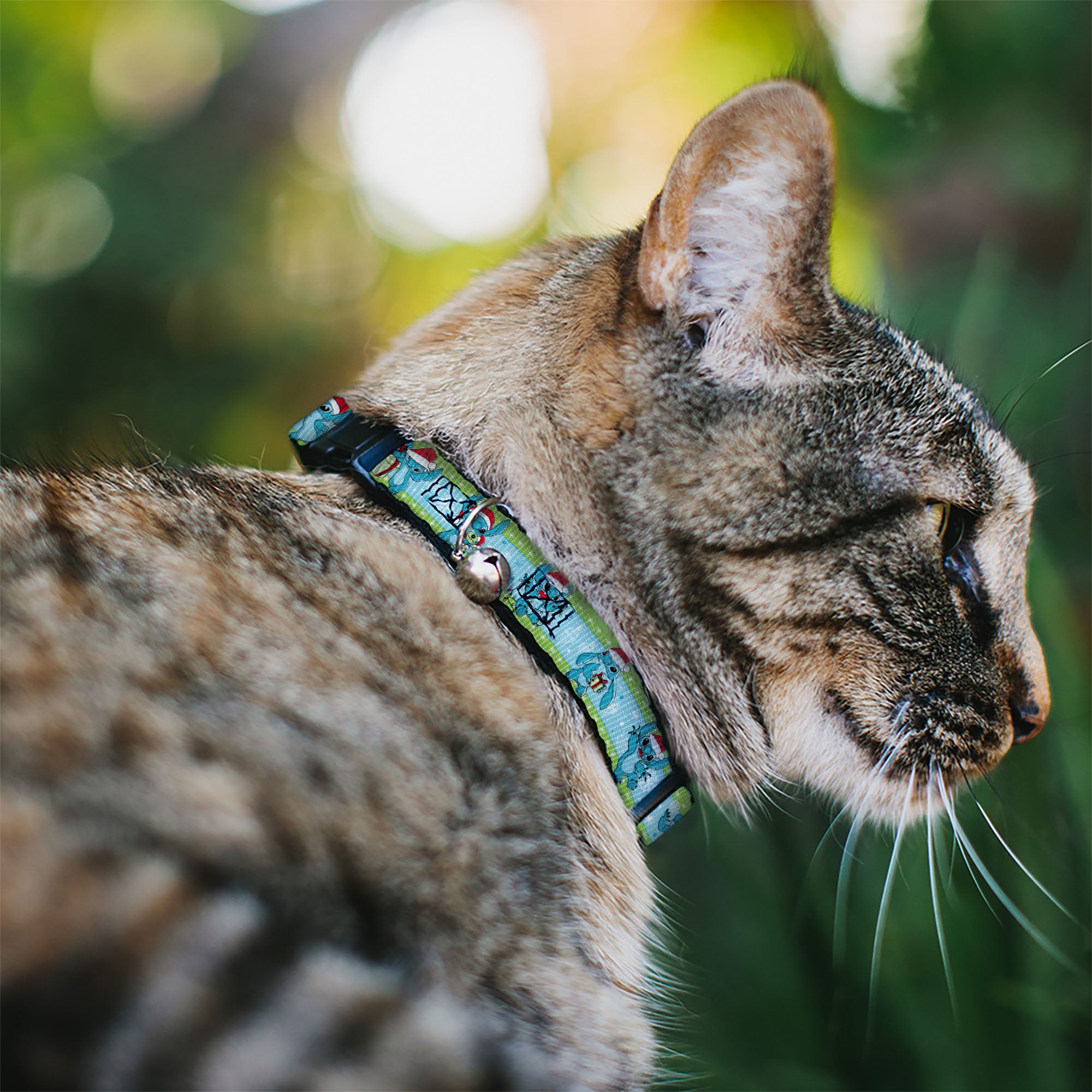 Cat Collar Breakaway with Bell - Lilo and Stitch Holiday Stitch and Scrump Poses Stripe Green Blue Breakaway Cat Collars Disney