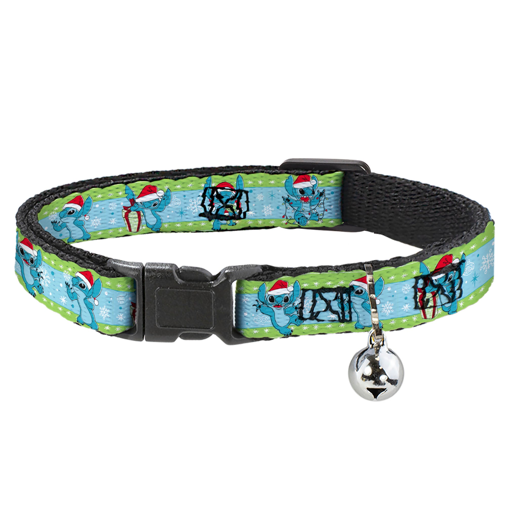 Cat Collar Breakaway with Bell - Lilo and Stitch Holiday Stitch and Scrump Poses Stripe Green Blue Breakaway Cat Collars Disney