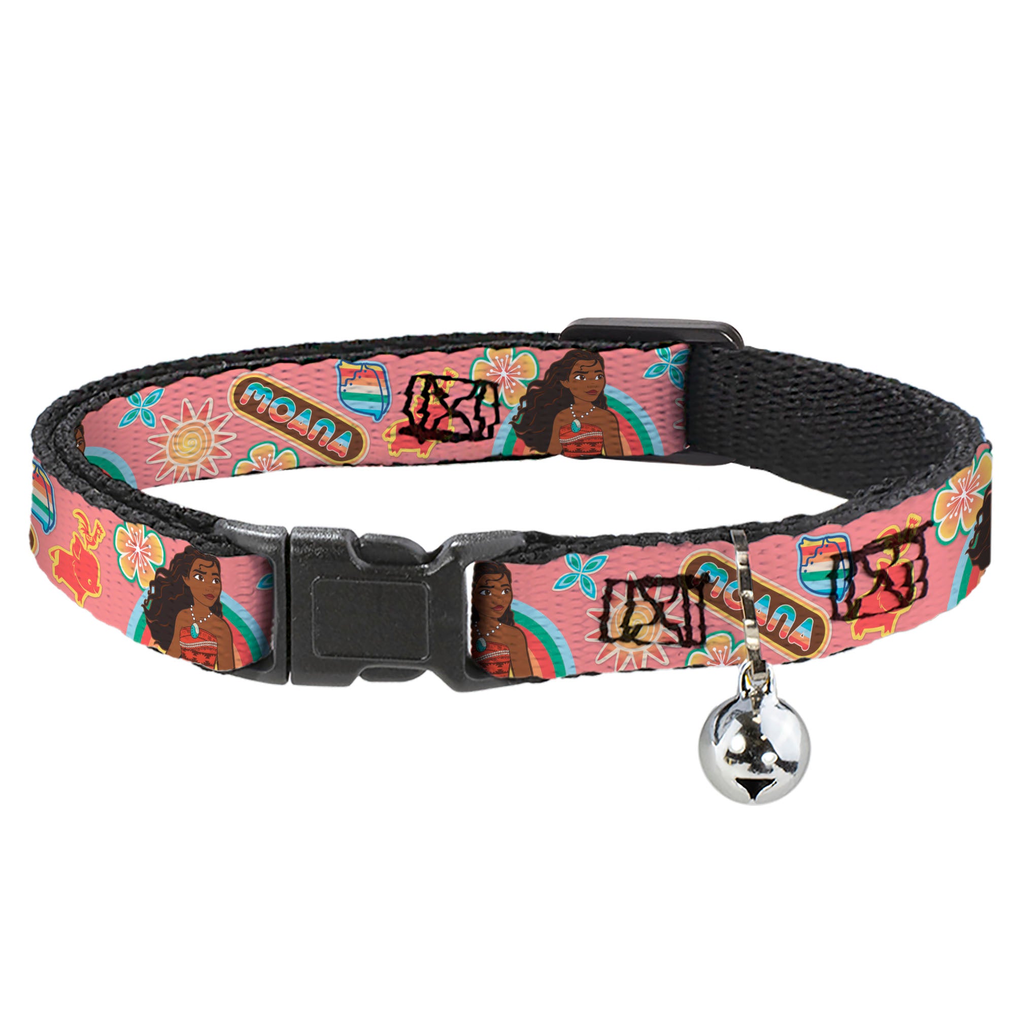 Breakaway Cat Collar with Bell - Moana Pose and Icons Collage Pink Breakaway Cat Collars Disney