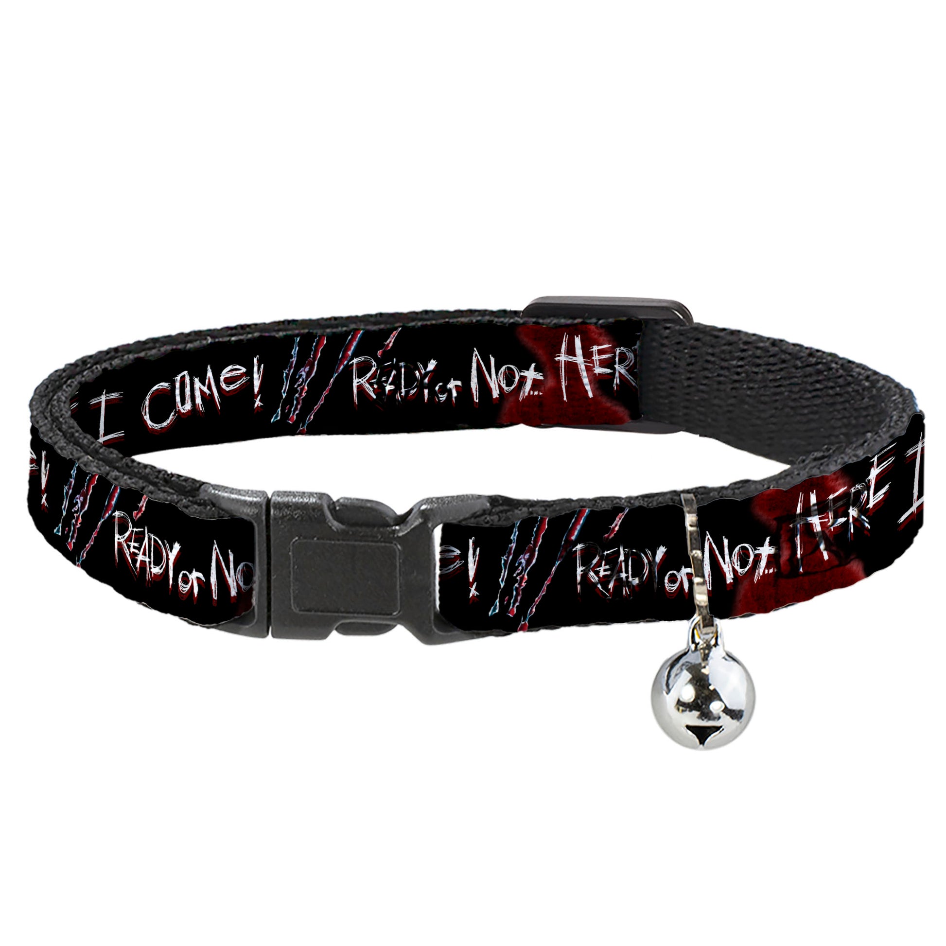 Cat Collar Breakaway - A Nightmare on Elm Street READY OR NOT HERE I COME Freddy Silhouette Black Reds White Breakaway Cat Collars A Nightmare on Elm Street