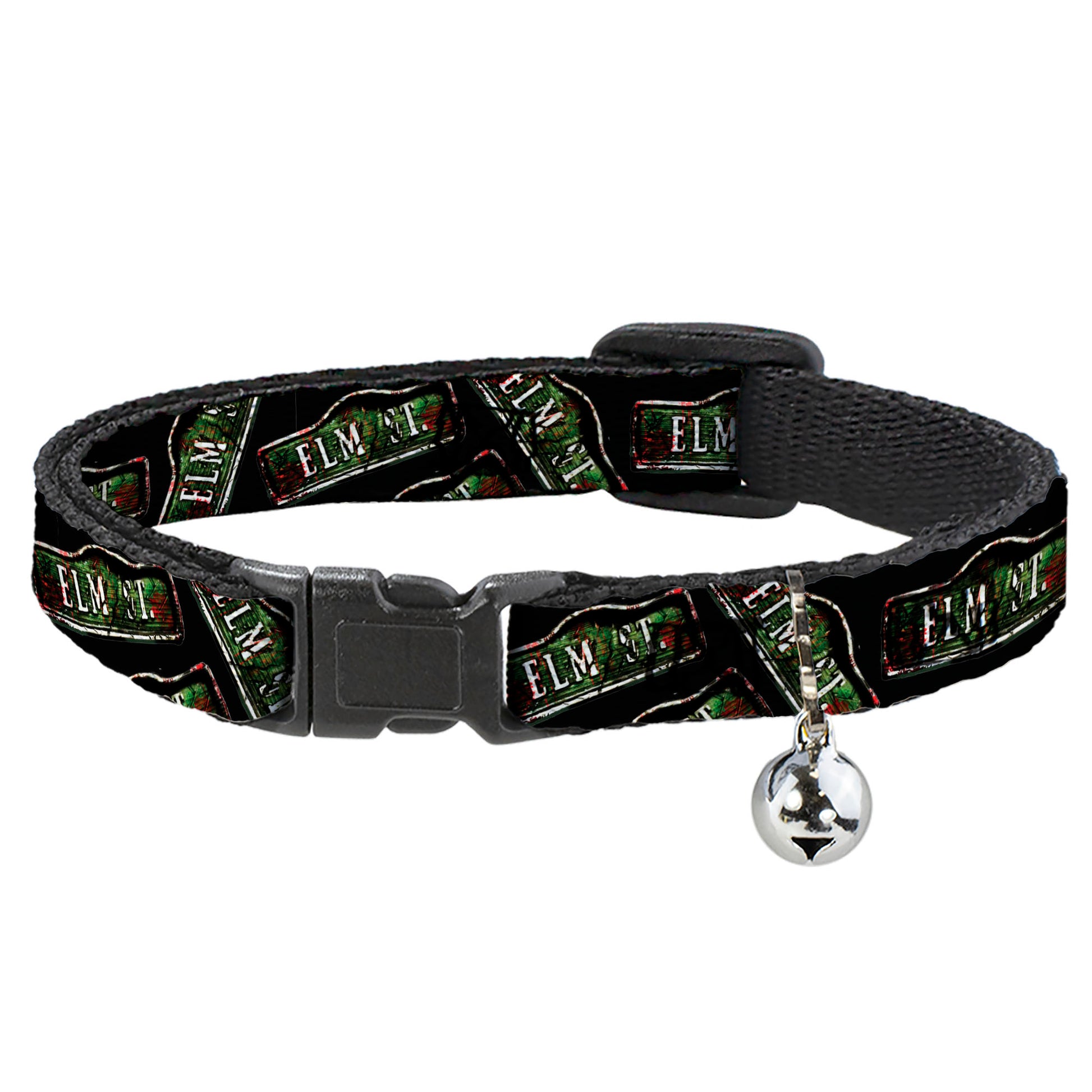 Breakaway Cat Collar with Bell - ELM ST. Street Sign Scattered Black Breakaway Cat Collars A Nightmare on Elm Street