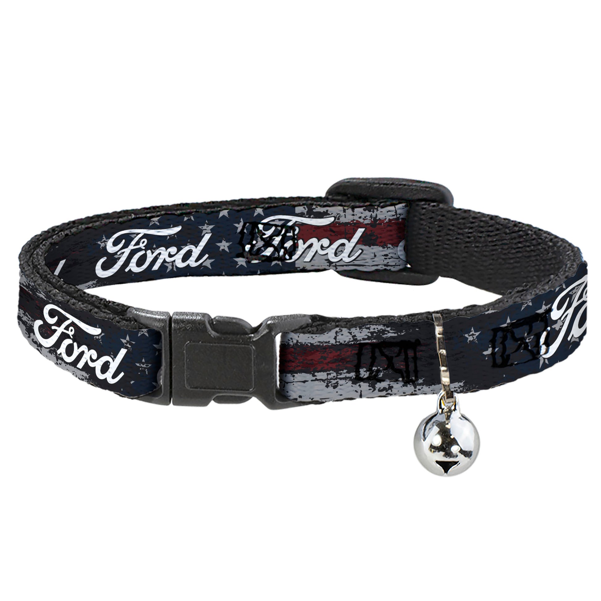 Breakaway Cat Collar with Bell - FORD Script Stars and Stripes Americana Weathered Breakaway Cat Collars Ford