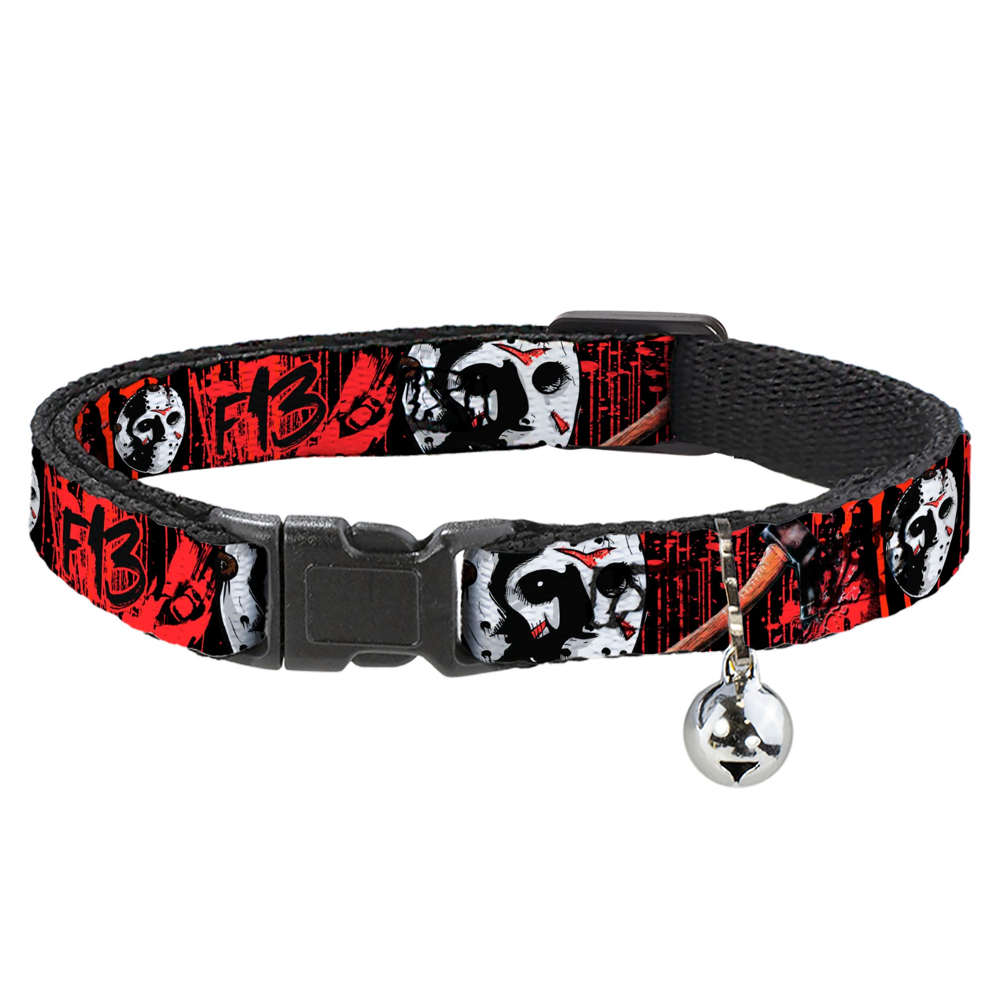 Cat Collar Breakaway - FRIDAY THE 13th Jason Mask4 Axe Blood Splatter Black Red White Breakaway Cat Collars Friday the 13th