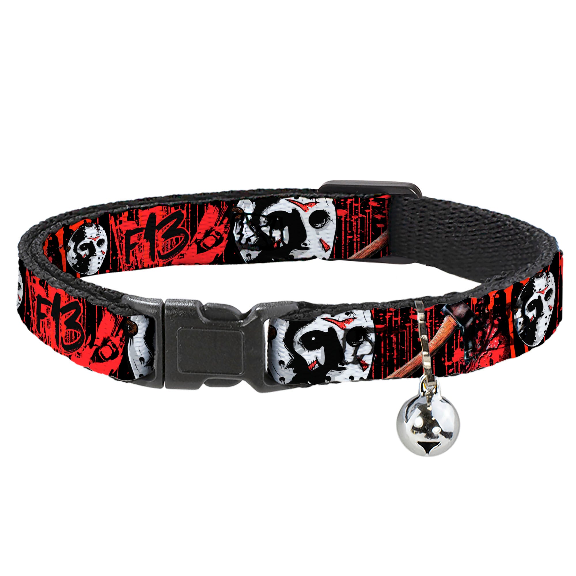 Cat Collar Breakaway - FRIDAY THE 13th Jason Mask4 Axe Blood Splatter Black Red White Breakaway Cat Collars Friday the 13th