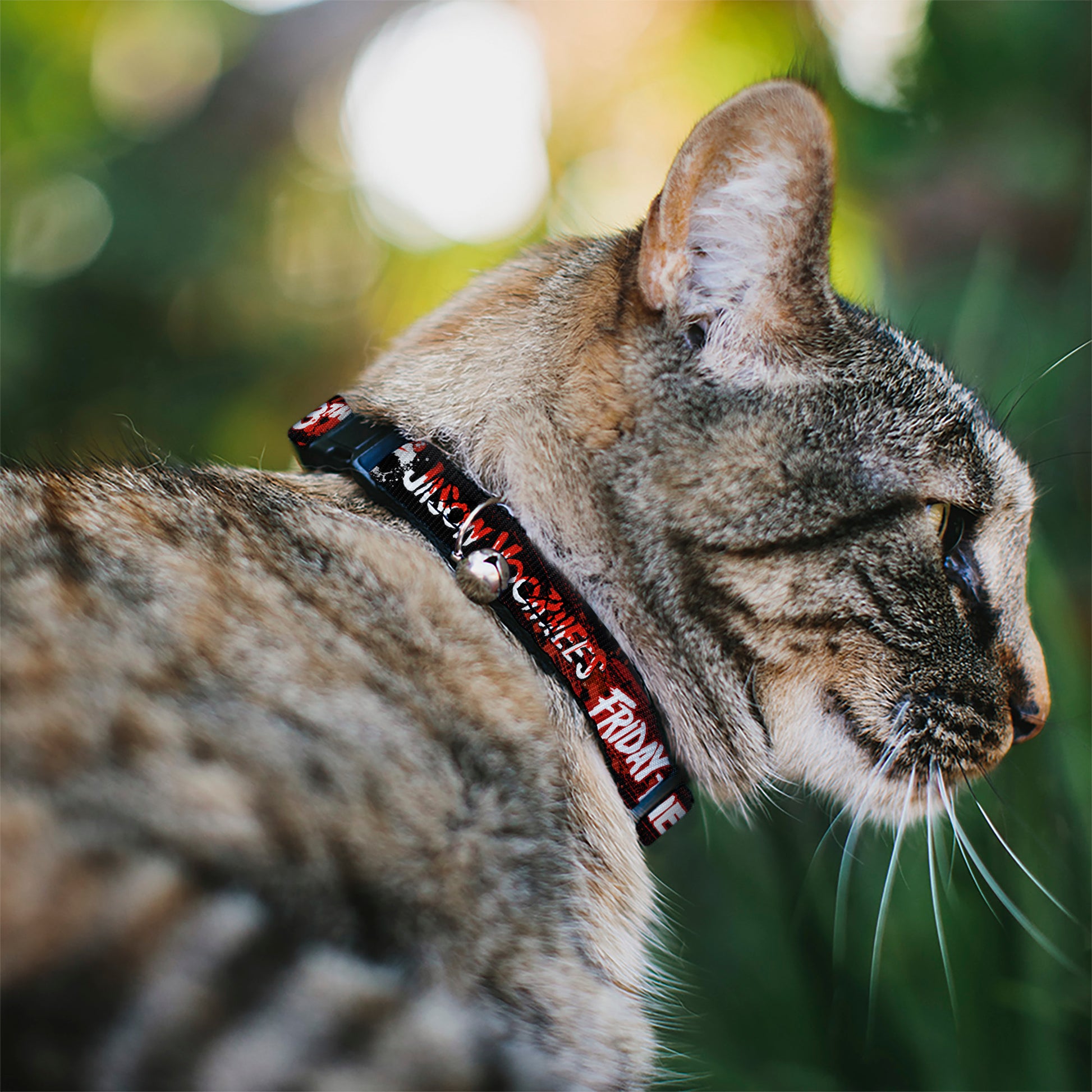 Breakaway Cat Collar with Bell - FRIDAY THE 13TH JASON VOORHIES Mask Text Black/Red/White Breakaway Cat Collars Friday the 13th