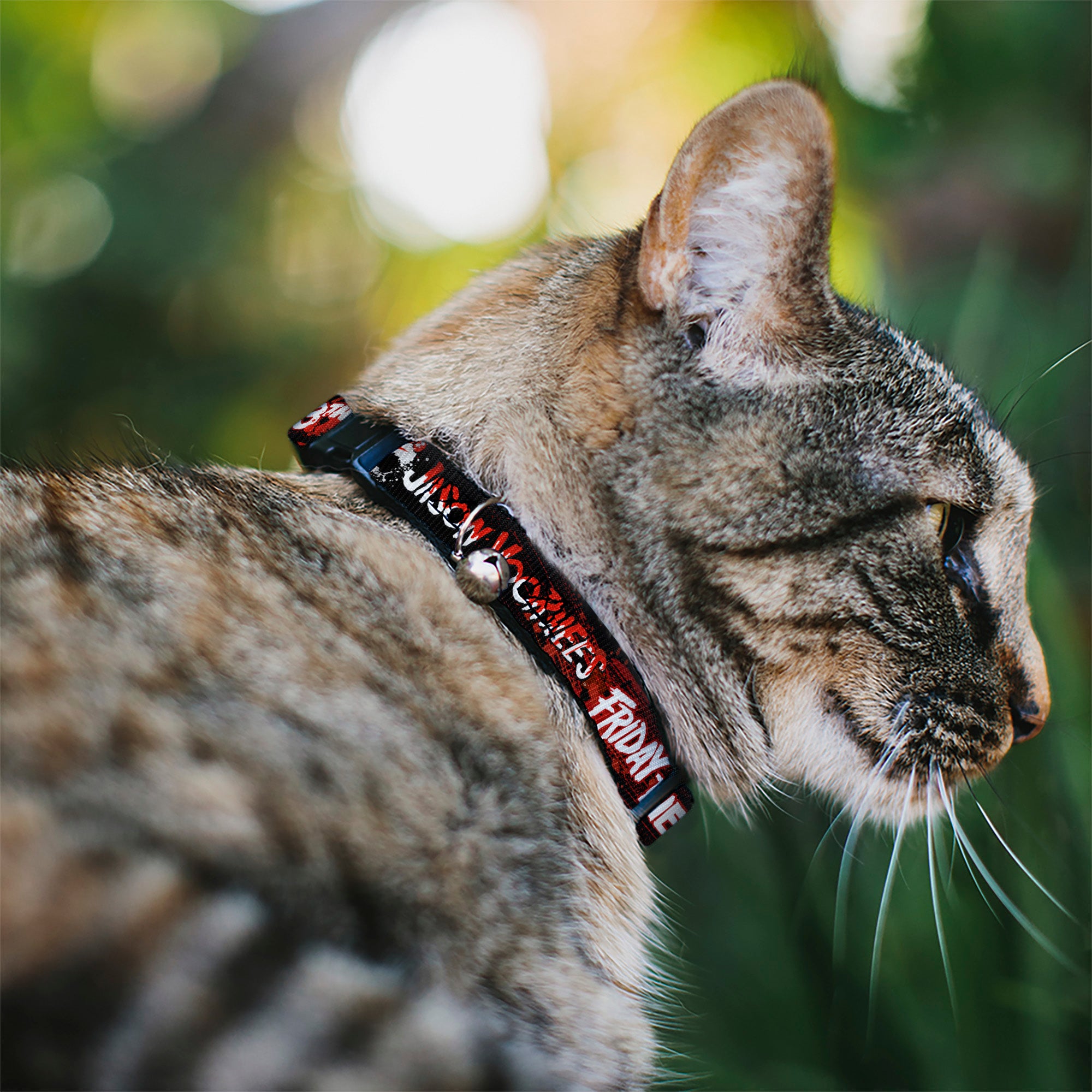 Breakaway Cat Collar with Bell - FRIDAY THE 13TH JASON VOORHIES Mask Text Black/Red/White Breakaway Cat Collars Friday the 13th