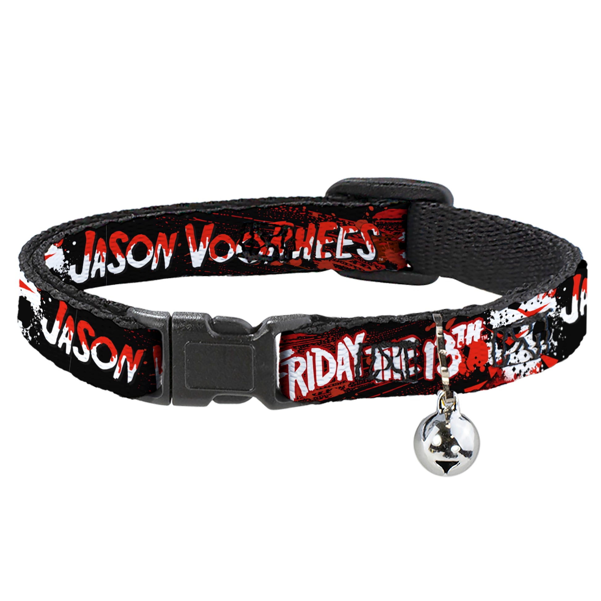 Breakaway Cat Collar with Bell - FRIDAY THE 13TH JASON VOORHIES Mask Text Black/Red/White Breakaway Cat Collars Friday the 13th