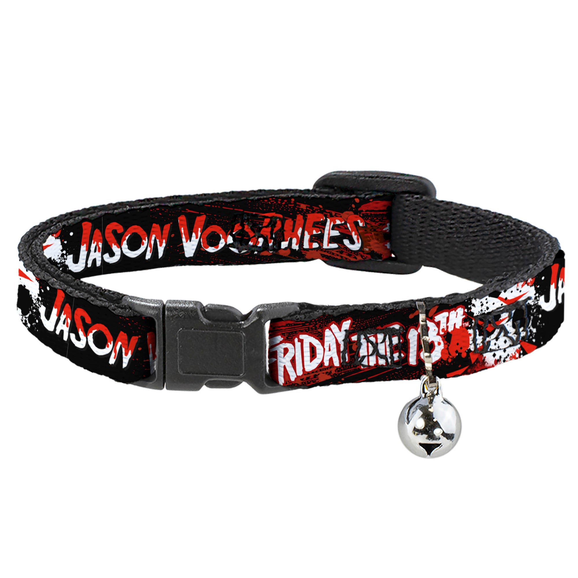 Breakaway Cat Collar with Bell - FRIDAY THE 13TH JASON VOORHIES Mask Text Black/Red/White Breakaway Cat Collars Friday the 13th