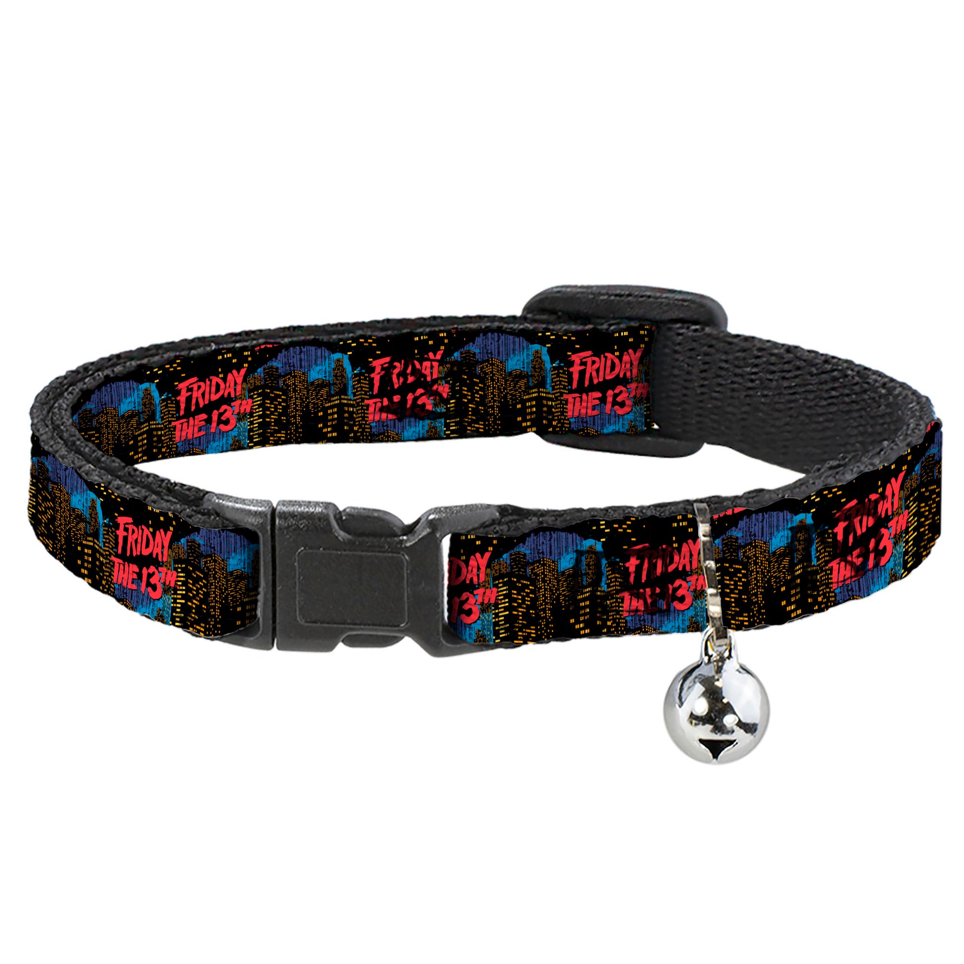 Breakaway Cat Collar with Bell - FRIDAY THE 13TH Jason Takes Manhattan Skyline Title Logo Black/Blues/Reds Breakaway Cat Collars Friday the 13th