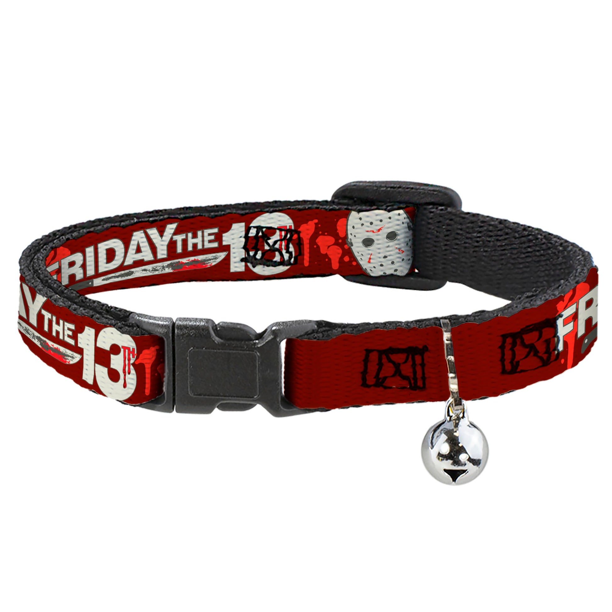 Breakaway Cat Collar with Bell - FRIDAY THE 13TH Mask and Machete Icons Red/Pink/White Breakaway Cat Collars Friday the 13th