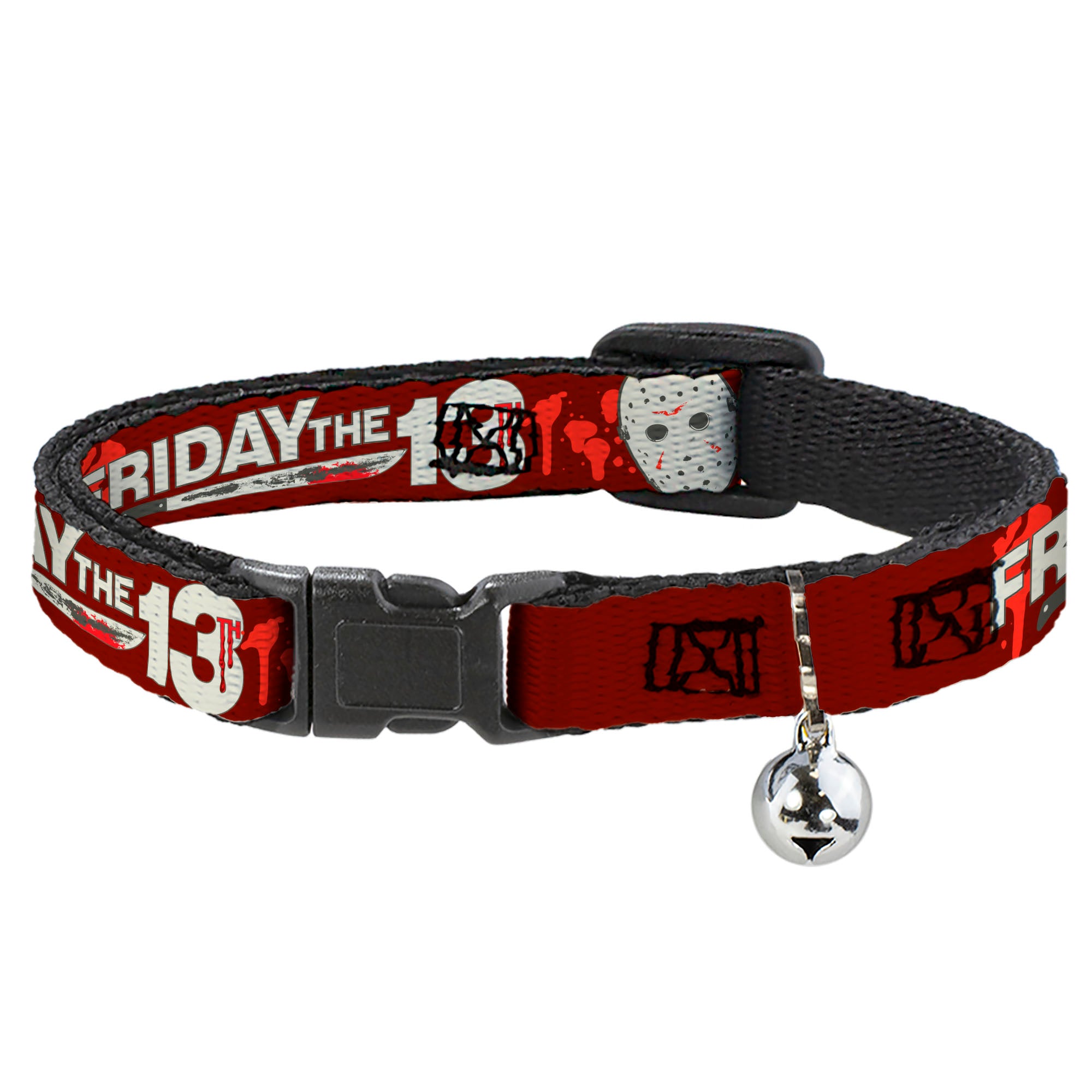 Breakaway Cat Collar with Bell - FRIDAY THE 13TH Mask and Machete Icons Red/Pink/White Breakaway Cat Collars Friday the 13th