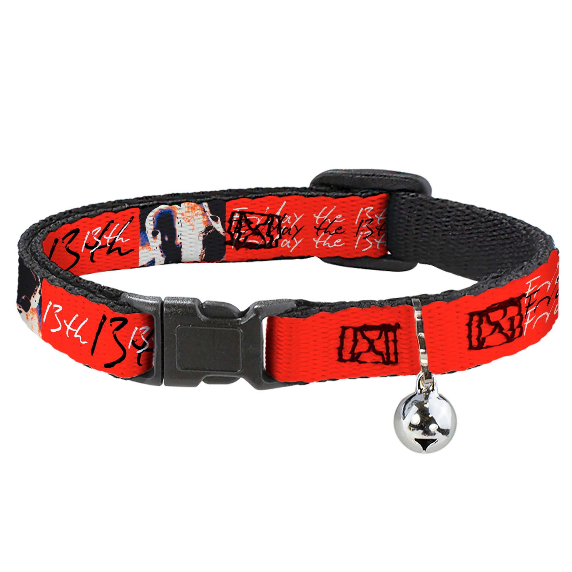 Breakaway Cat Collar with Bell - FRIDAY THE 13TH Jason Mask and Script Blocks Red/Black/White Breakaway Cat Collars Friday the 13th