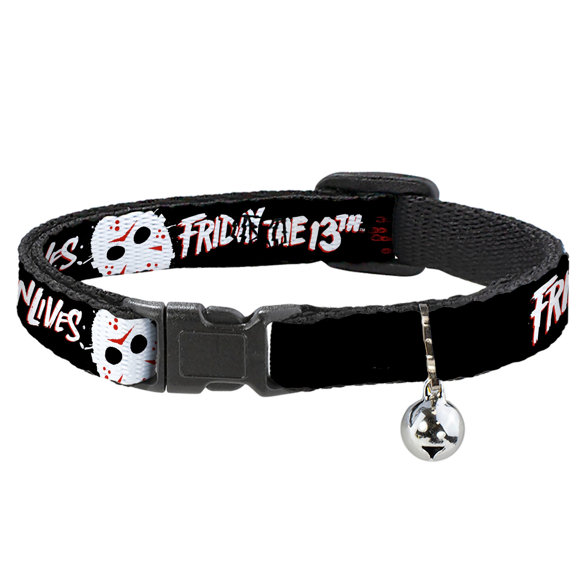 Breakaway Cat Collar with Bell - FRIDAY THE 13TH JASON LIVES with Hand Print and Mask Black/Red/White Breakaway Cat Collars Friday the 13th