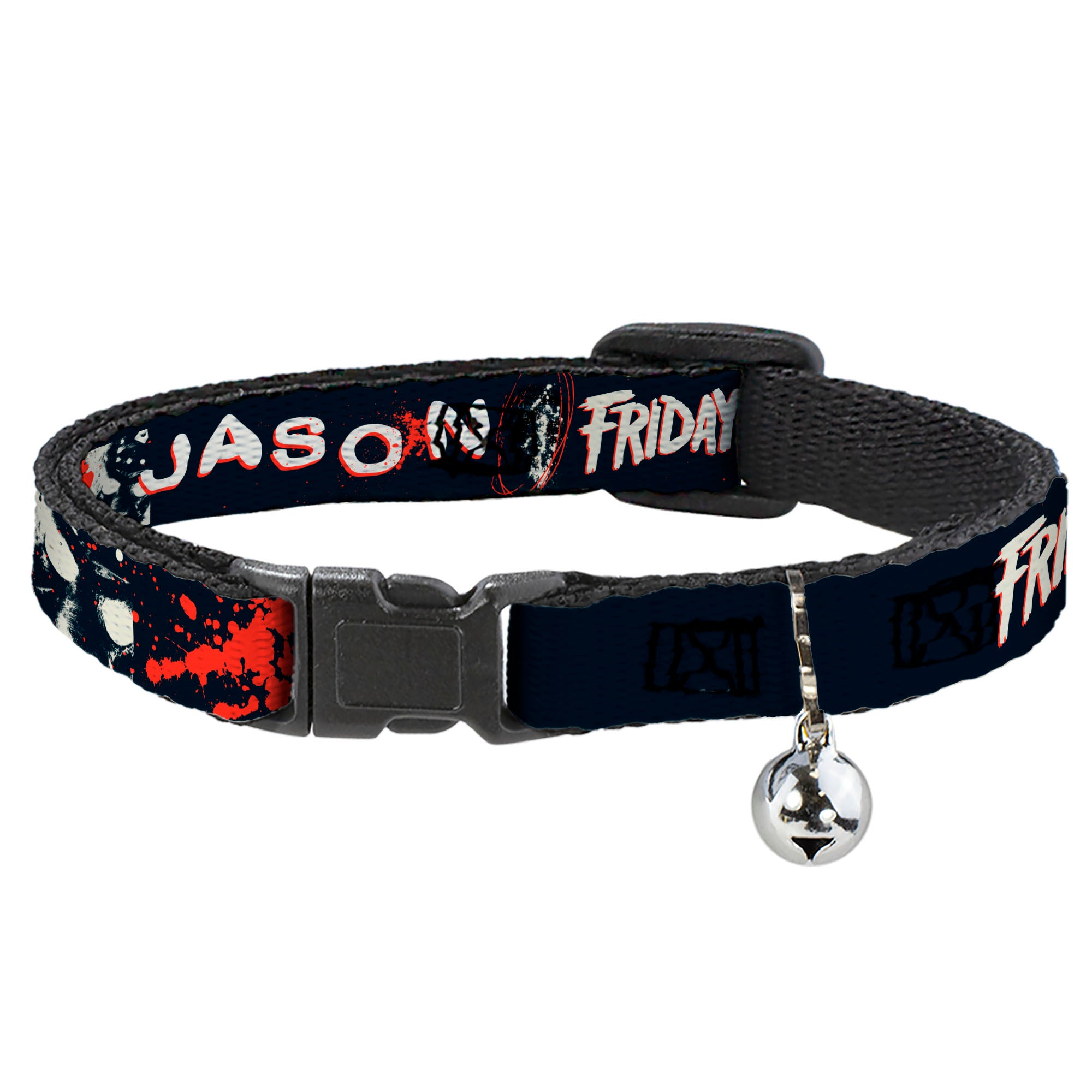 Breakaway Cat Collar with Bell - FRIDAY THE 13TH JASON Mask and Splatter Black/Red/White Breakaway Cat Collars Friday the 13th