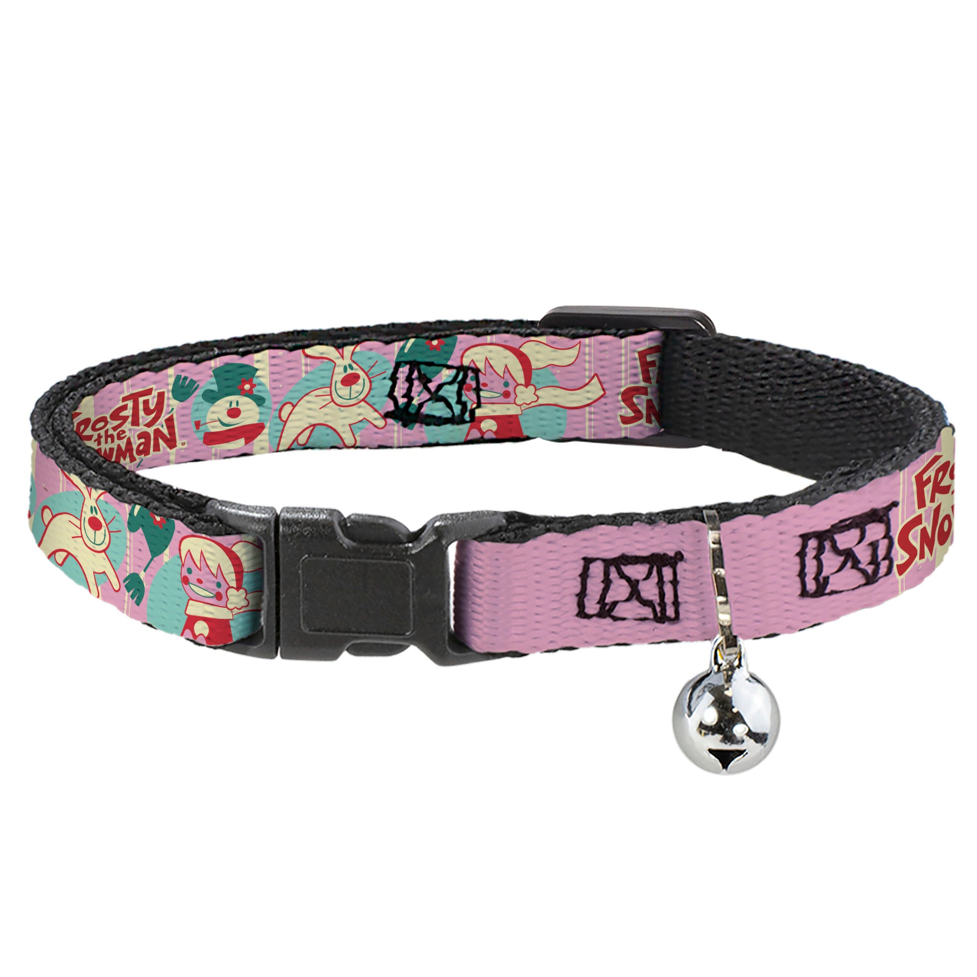 Breakaway Cat Collar with Bell - FROSTY THE SNOWMAN Pose and Title Logo with Karen and Hocus Pocus Pinks/Blues