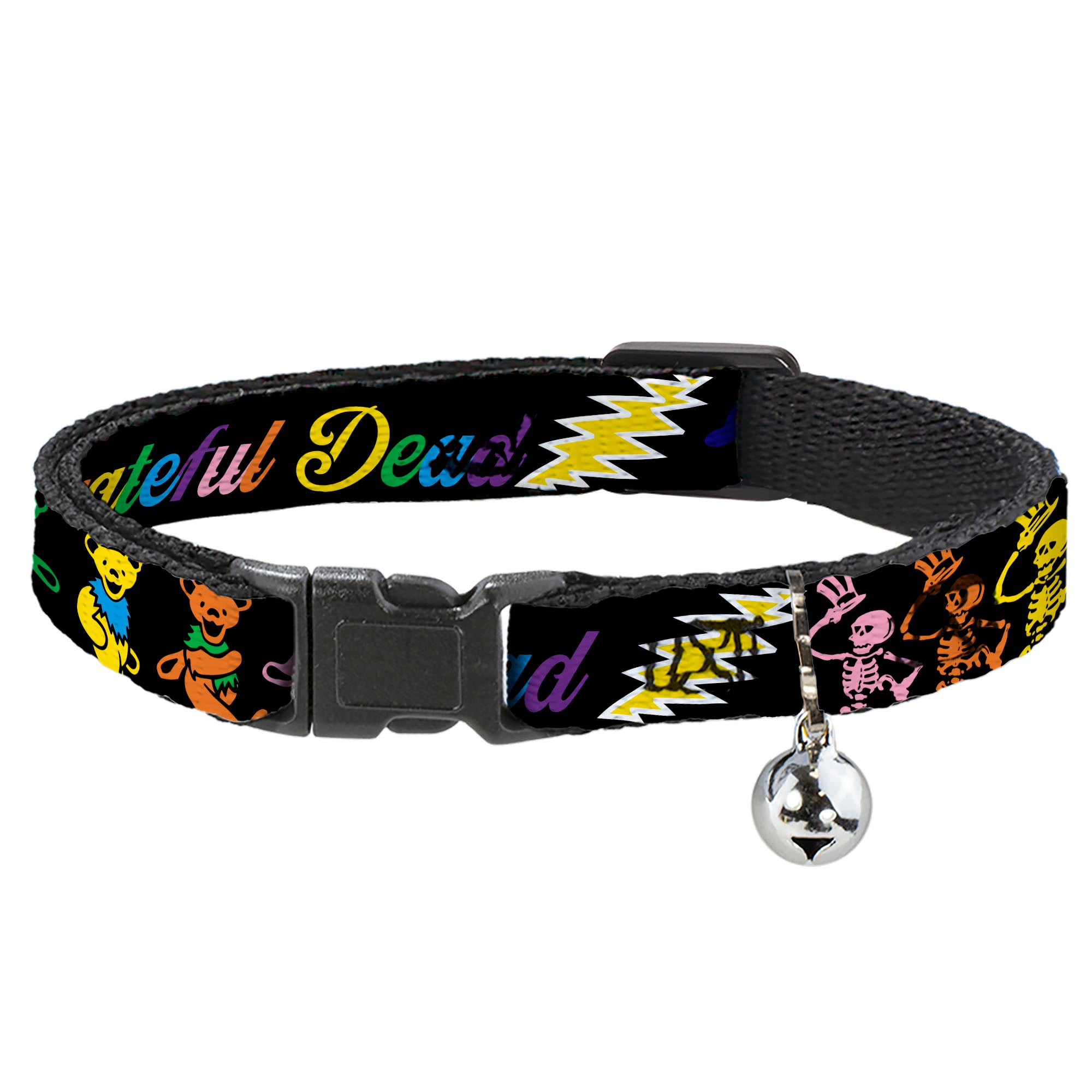 Cat Collar Breakaway - Grateful Dead Script w Bears & Skeletons Black Multi Color Breakaway Cat Collars Grateful Dead
