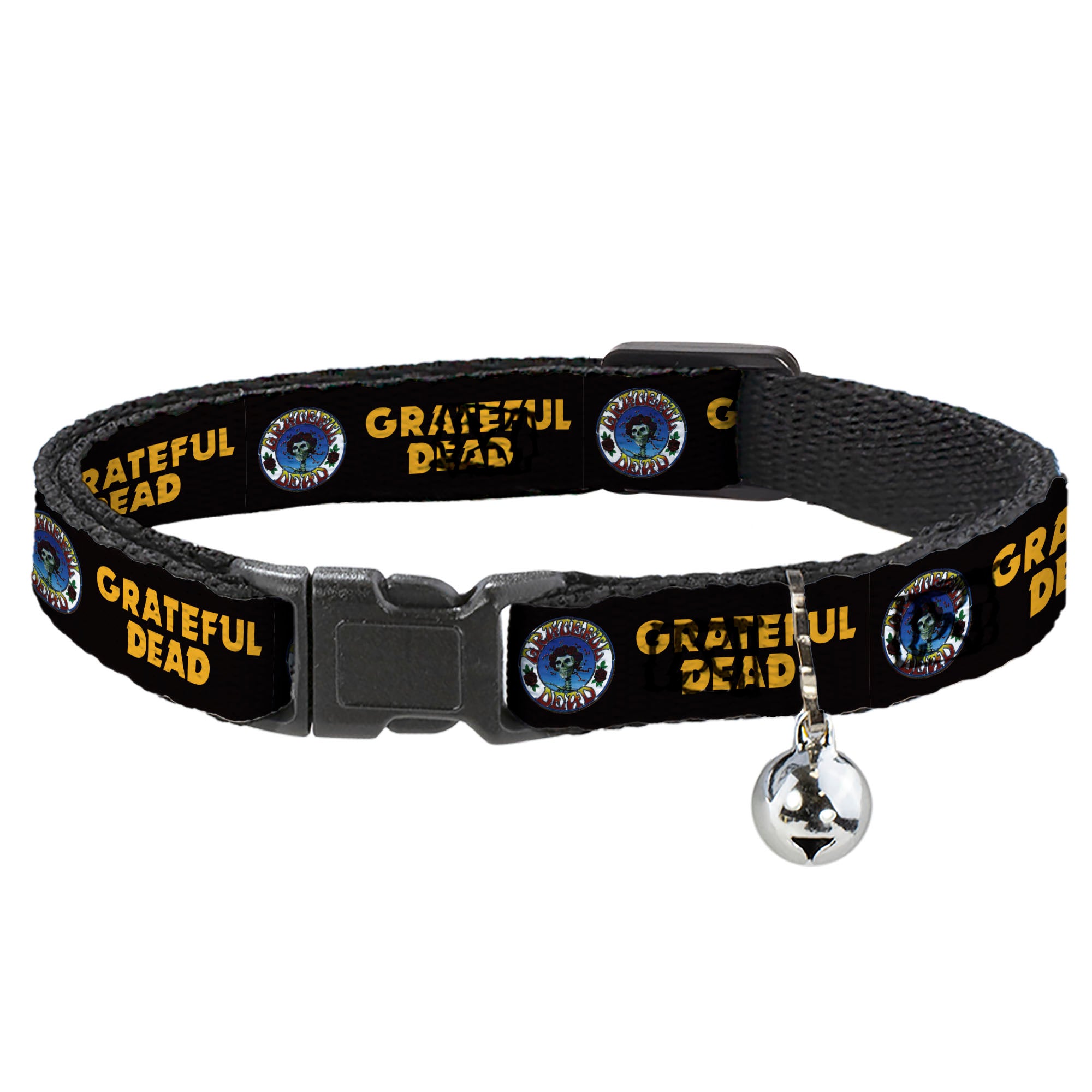 Breakaway Cat Collar with Bell - GRATEFUL DEAD Text and Skull and Roses Round Logo Black/Yellow Breakaway Cat Collars Grateful Dead