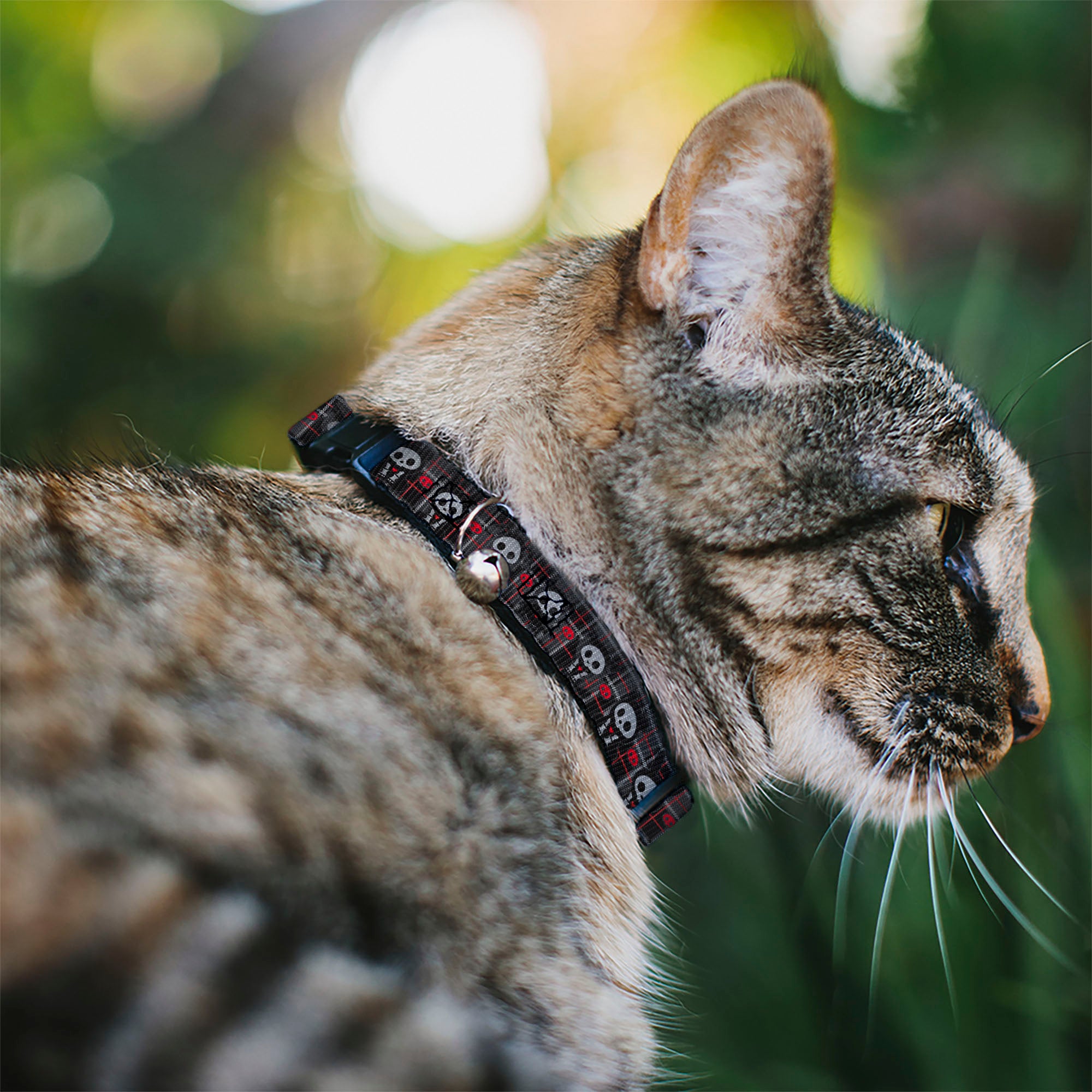 Breakaway Cat Collar with Bell - Skelanimals Five Animals and Face Logo Plaid Black/Red/White