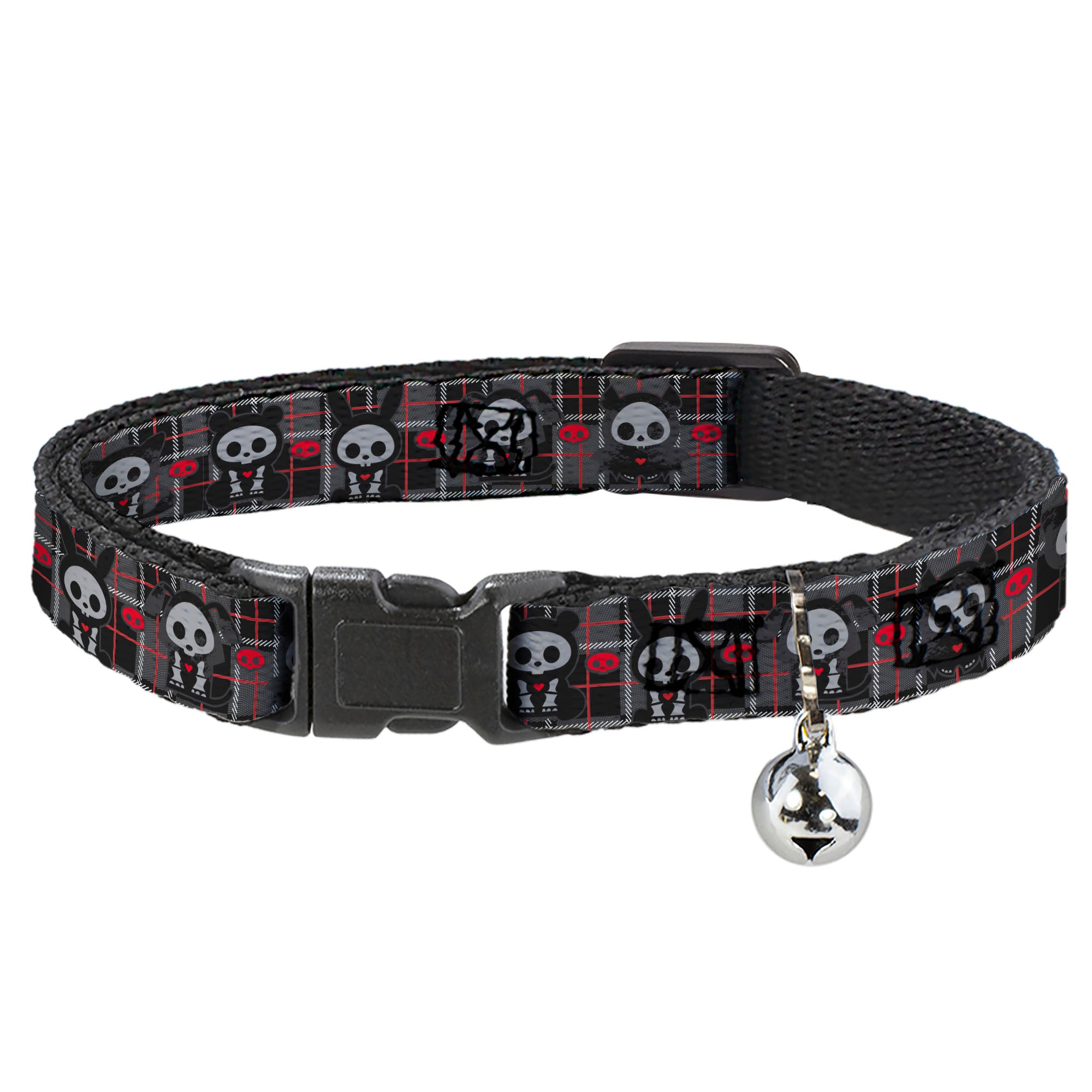 Breakaway Cat Collar with Bell - Skelanimals Five Animals and Face Logo Plaid Black/Red/White