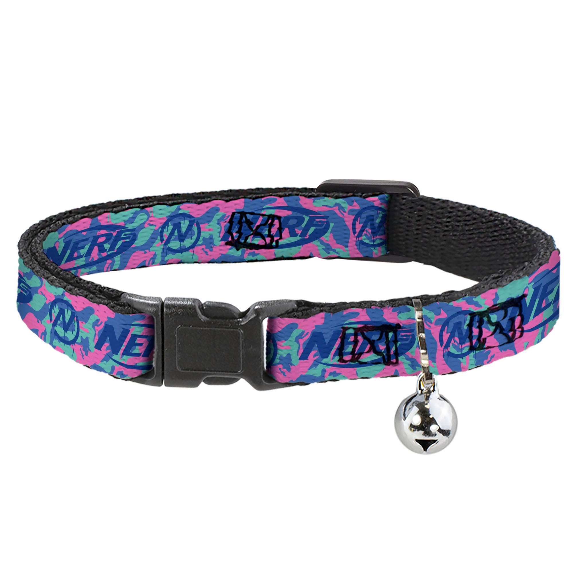 Breakaway Cat Collar with Bell - NERF Logo and Icon Camo Blues/Pinks