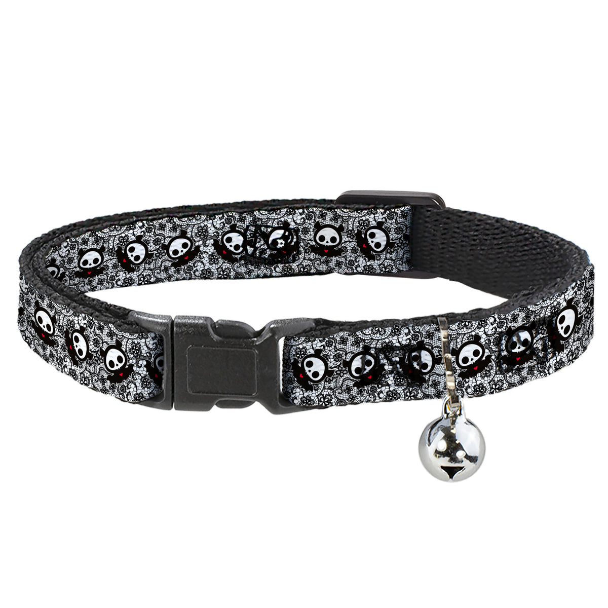 Breakaway Cat Collar with Bell - Skelanimals Diego Pose Lace Print White/Black Cat Collars Breakaway Side Release Skelanimals
