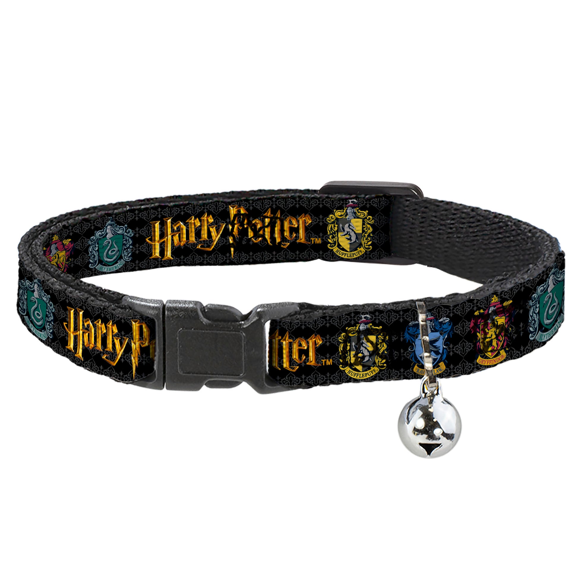 Cat Collar Breakaway with Bell - HARRY POTTER Hufflepuff/Ravenclaw/Gryffindor/Slytherin Coat of Arms Black Breakaway Cat Collars Harry Potter