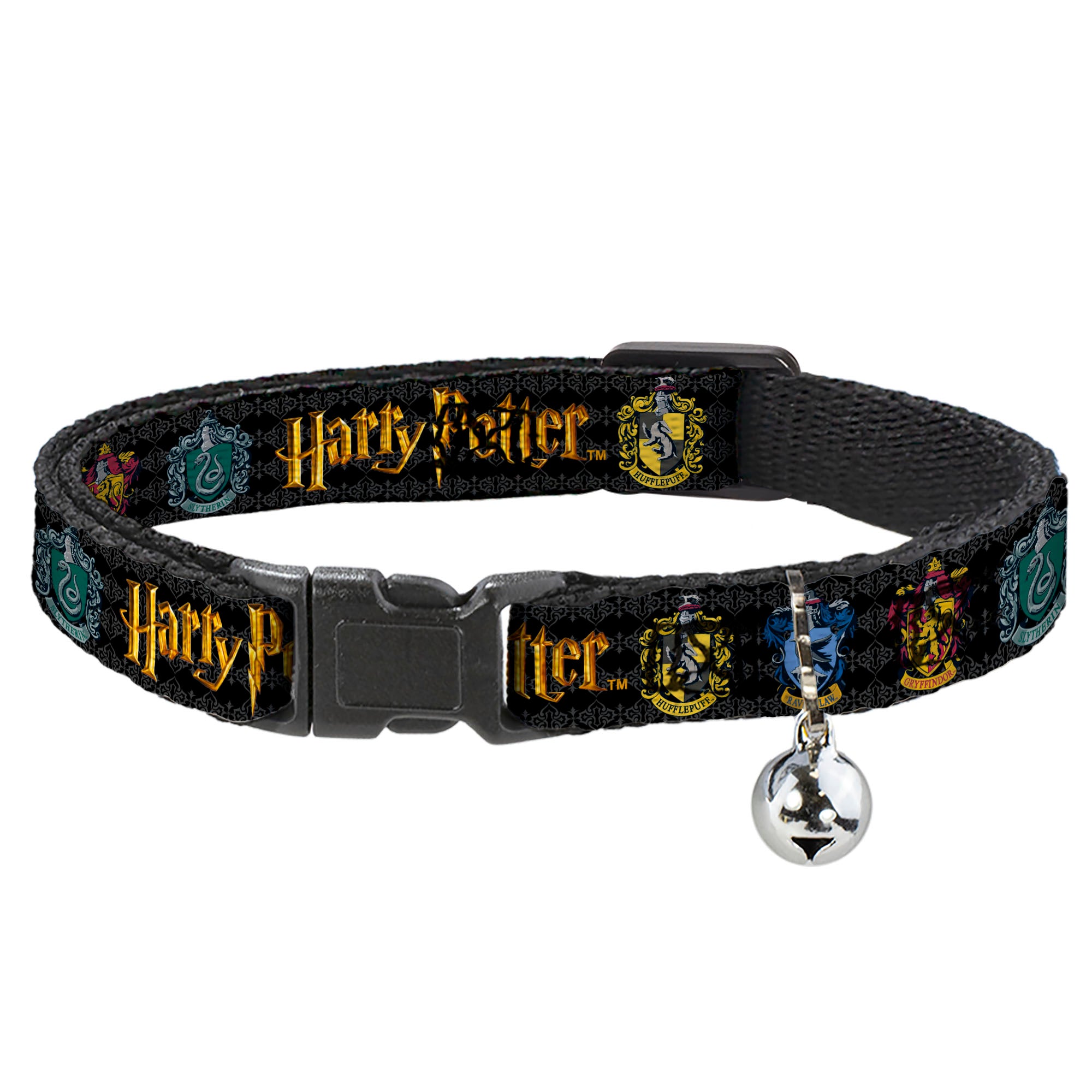 Cat Collar Breakaway with Bell - HARRY POTTER Hufflepuff/Ravenclaw/Gryffindor/Slytherin Coat of Arms Black Breakaway Cat Collars Harry Potter