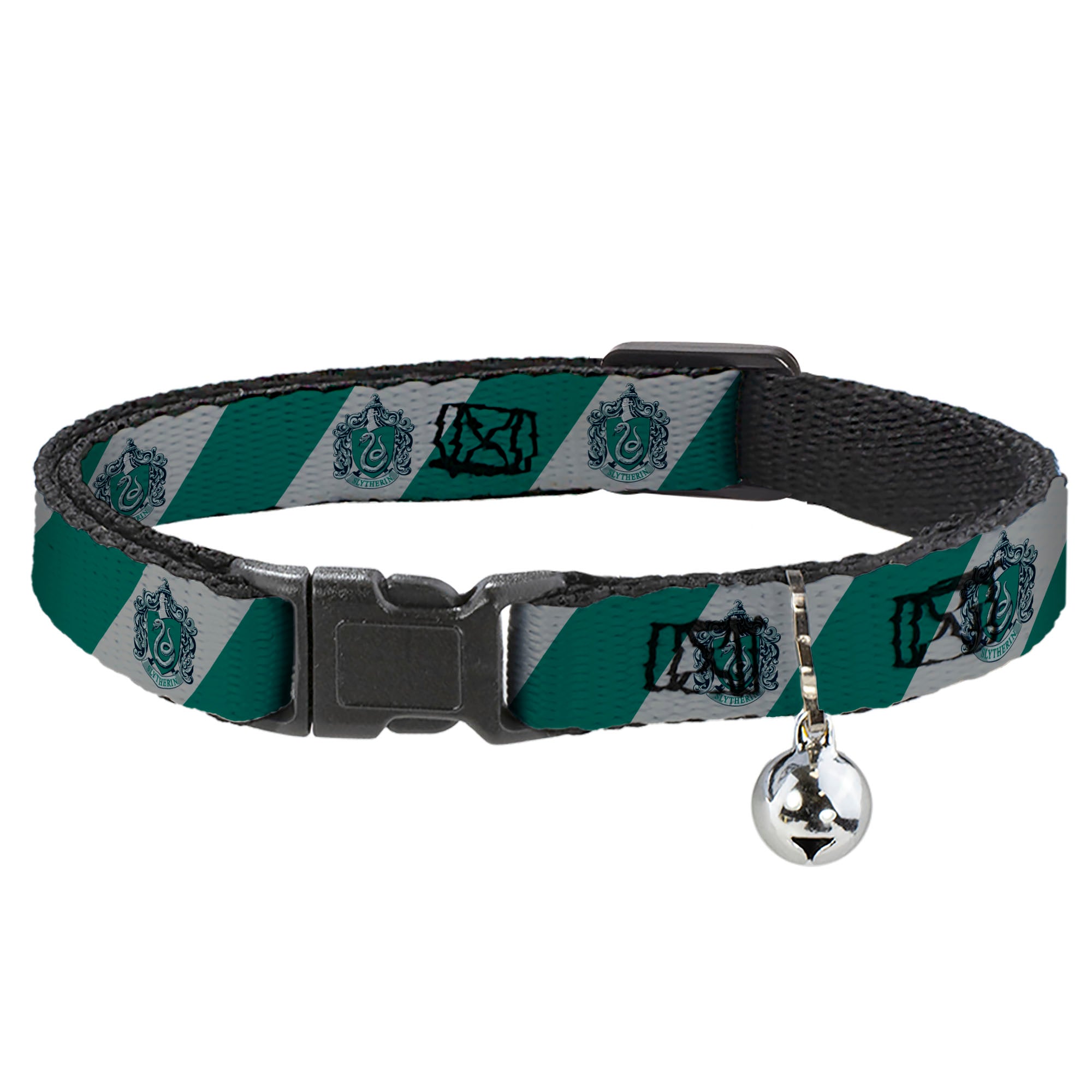 Cat Collar Breakaway with Bell - SLYTHERIN Crest Diagonal Stripe Gray/Green Breakaway Cat Collars Harry Potter