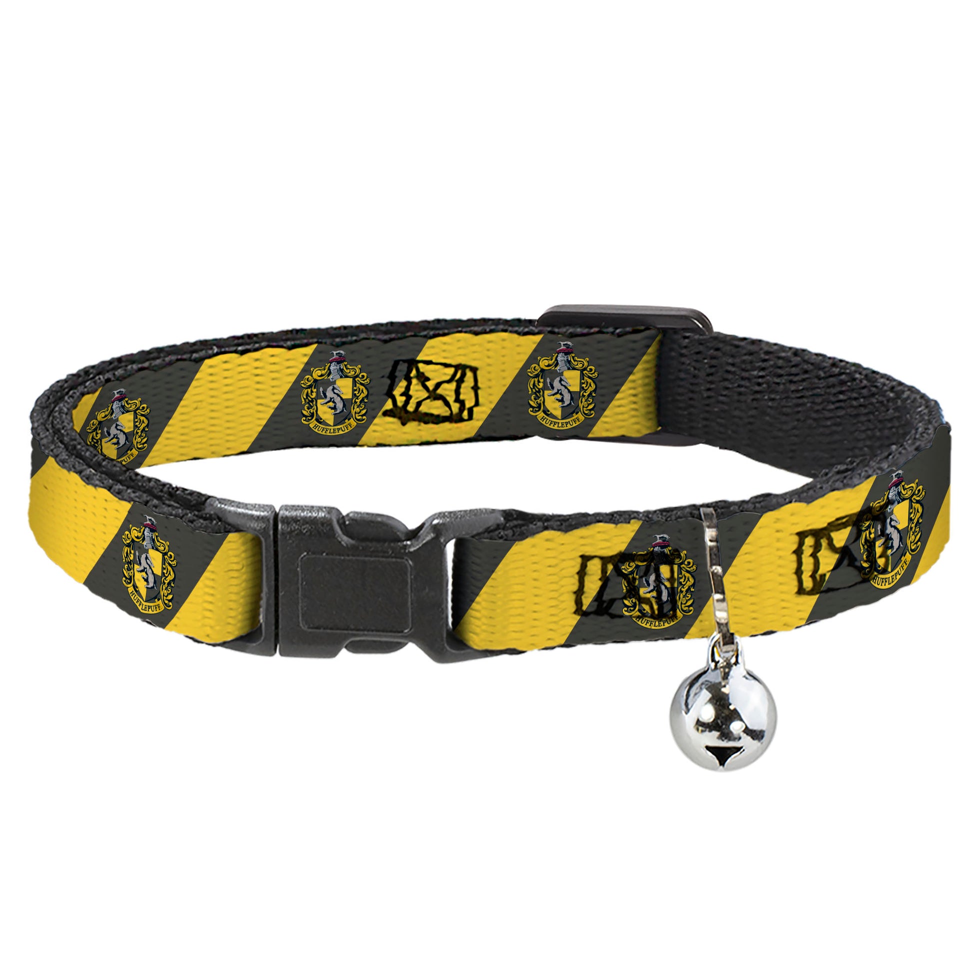 Cat Collar Breakaway with Bell - HUFFLEPUFF Crest Diagonal Stripe Charcoal Gray/Yellow Breakaway Cat Collars Harry Potter