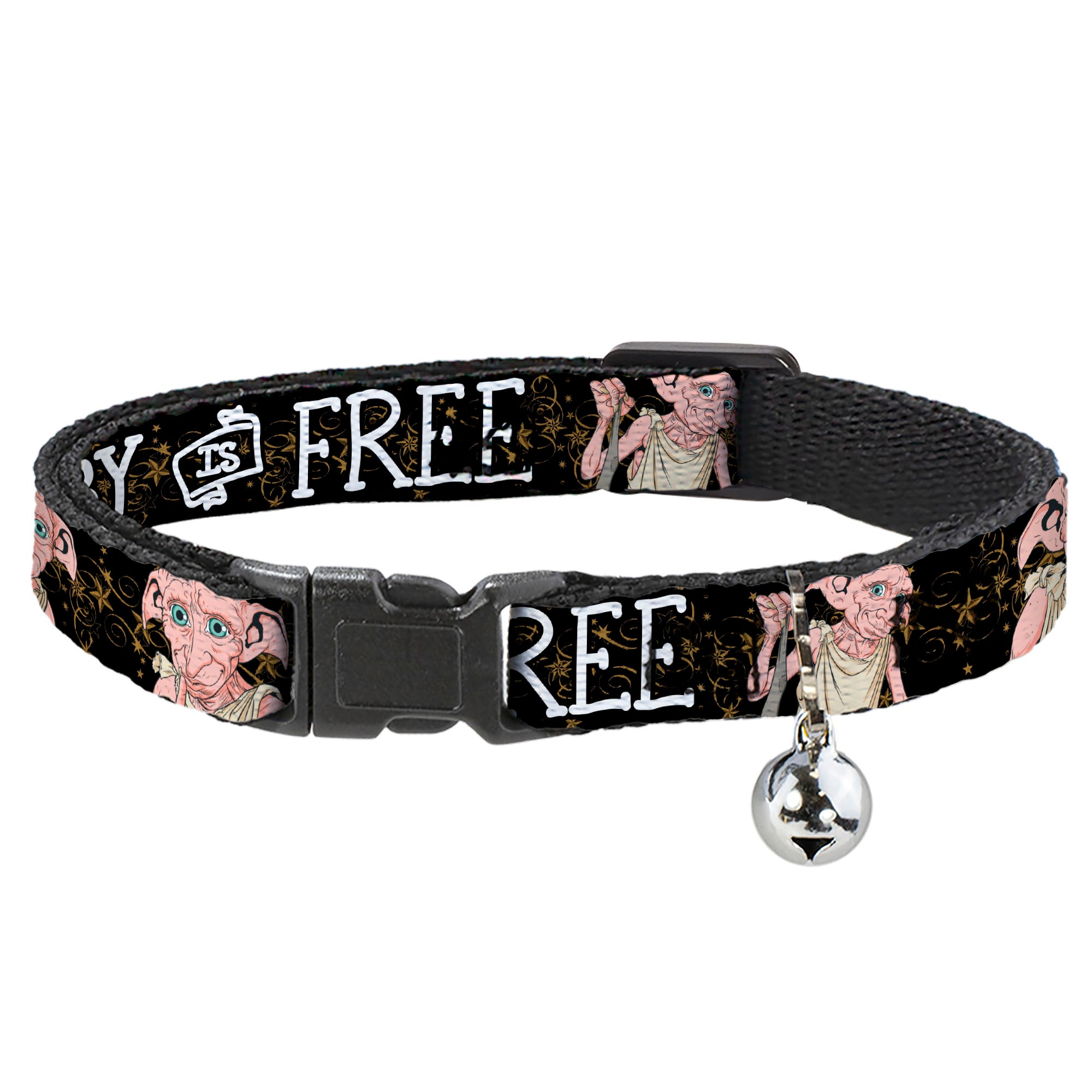Breakaway Cat Collar with Bell - DOBBY IS FREE/3-Dobby Poses Star Swirls Black/Gold/White Breakaway Cat Collars Harry Potter