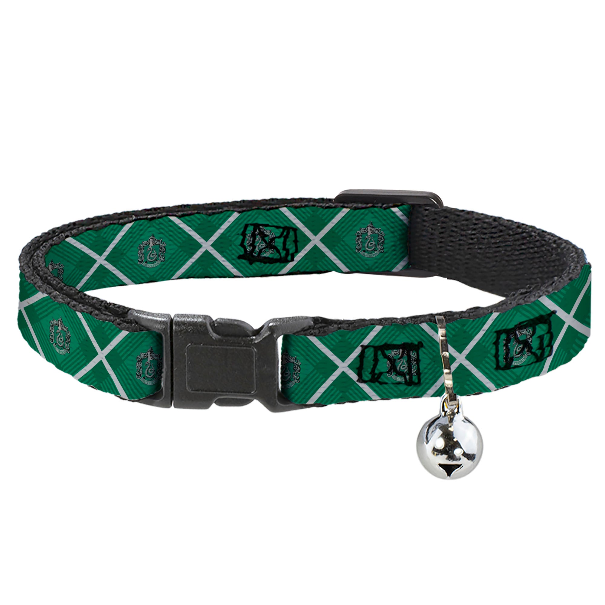 Cat Collar Breakaway with Bell - Harry Potter Slytherin Crest Plaid Greens/Gray Breakaway Cat Collars Harry Potter