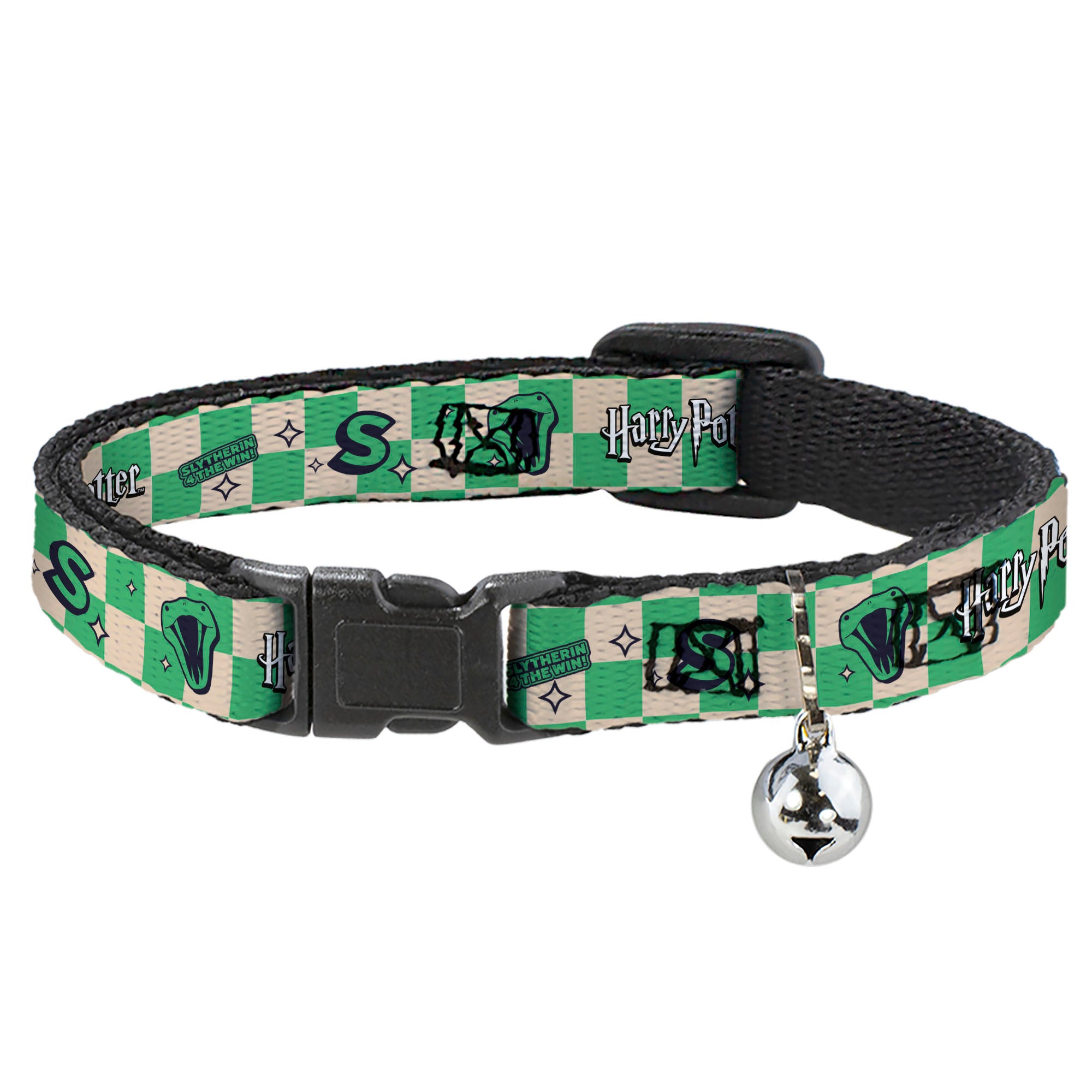 Breakaway Cat Collar with Bell - Harry Potter Slytherin Icons Checker Cream/Mint Breakaway Cat Collars Harry Potter