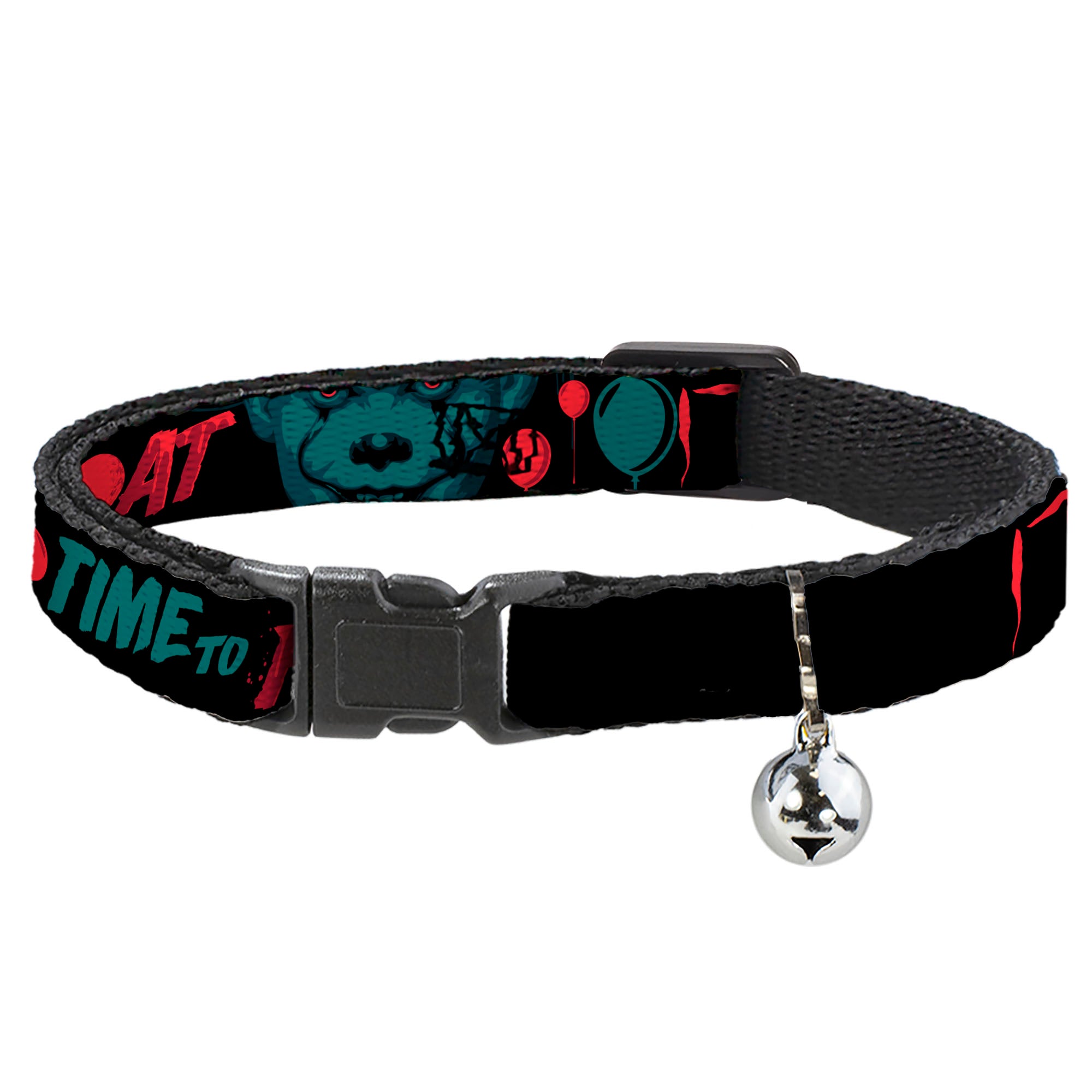 Breakaway Cat Collar with Bell - IT Pennywise Face and Balloons TIME TO FLOAT Black/Blues/Reds