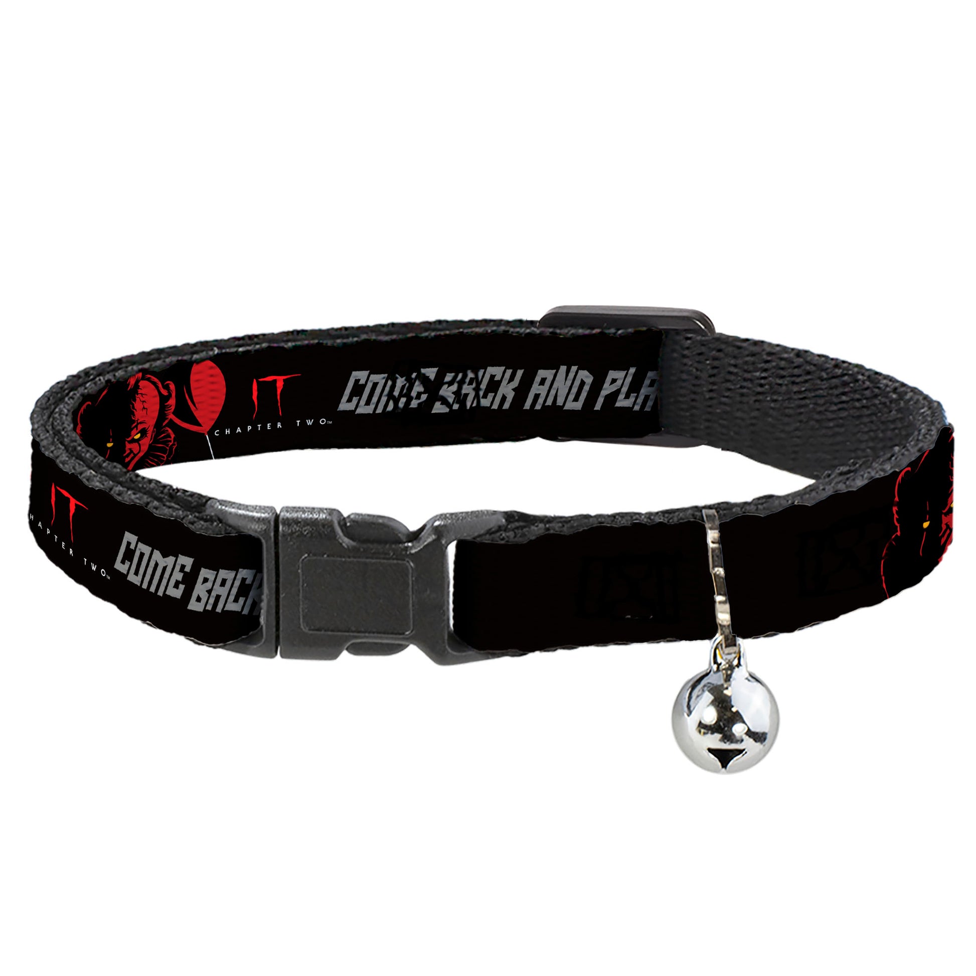 Breakaway Cat Collar with Bell - IT Pennywise Face COME BACK AND PLAY Black/Red/Gray Breakaway Cat Collars IT