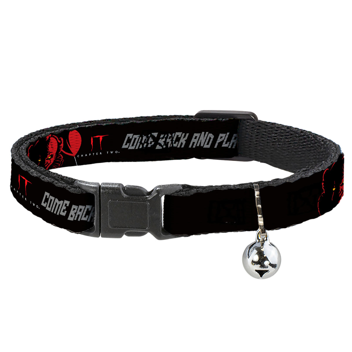 Breakaway Cat Collar with Bell - IT Pennywise Face COME BACK AND PLAY Black/Red/Gray Breakaway Cat Collars IT
