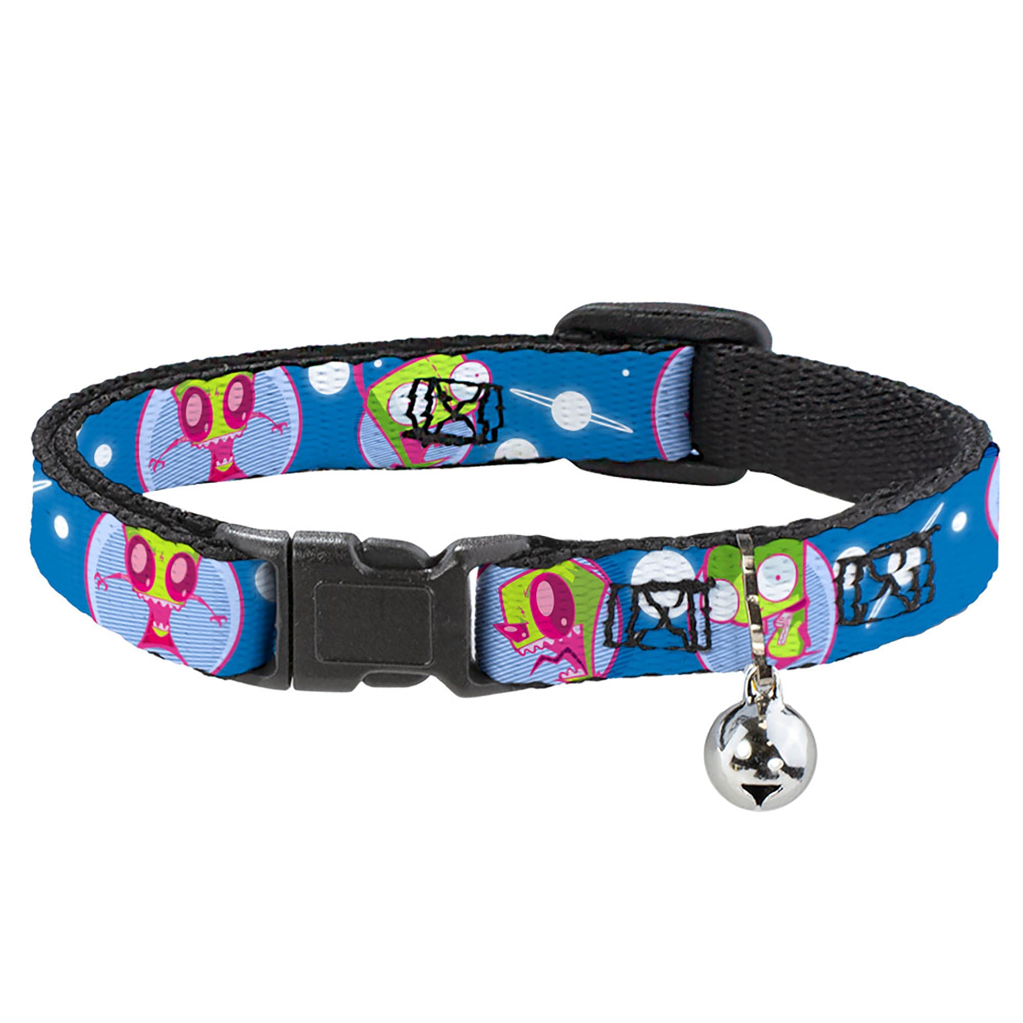 Breakaway Cat Collar with Bell - Invader Zim and GIR Poses and Planets Blue/White Breakaway Cat Collars Invader Zim