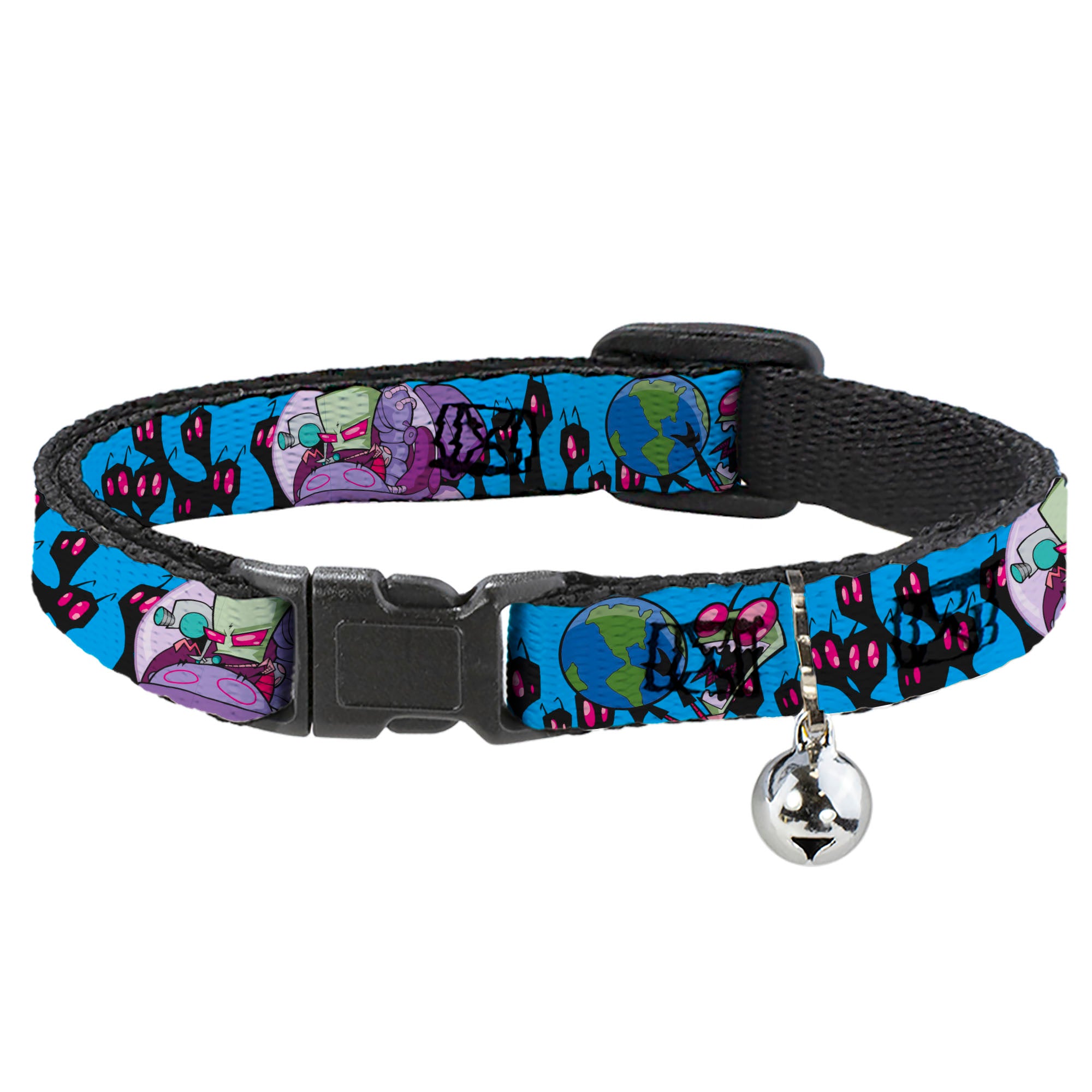 Breakaway Cat Collar with Bell - Invader Zim GIR and Piggy Rule the World Poses Blue Breakaway Cat Collars Invader Zim