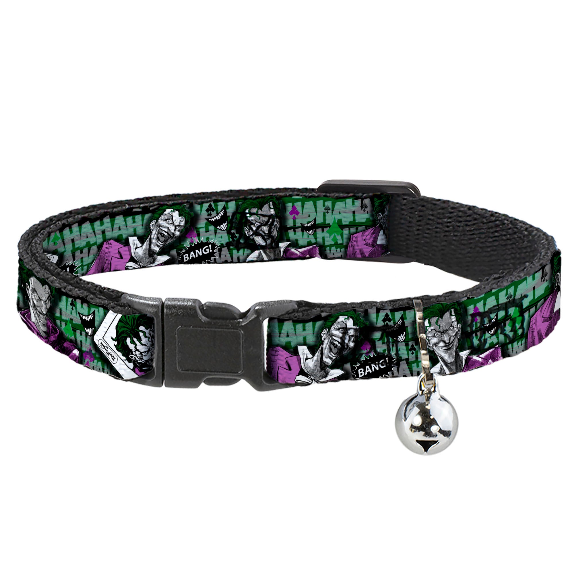 Cat Collar Breakaway - The Joker 4-Poses Joker Card HAHA Smile BANG! Grays Greens Purples Breakaway Cat Collars DC Comics