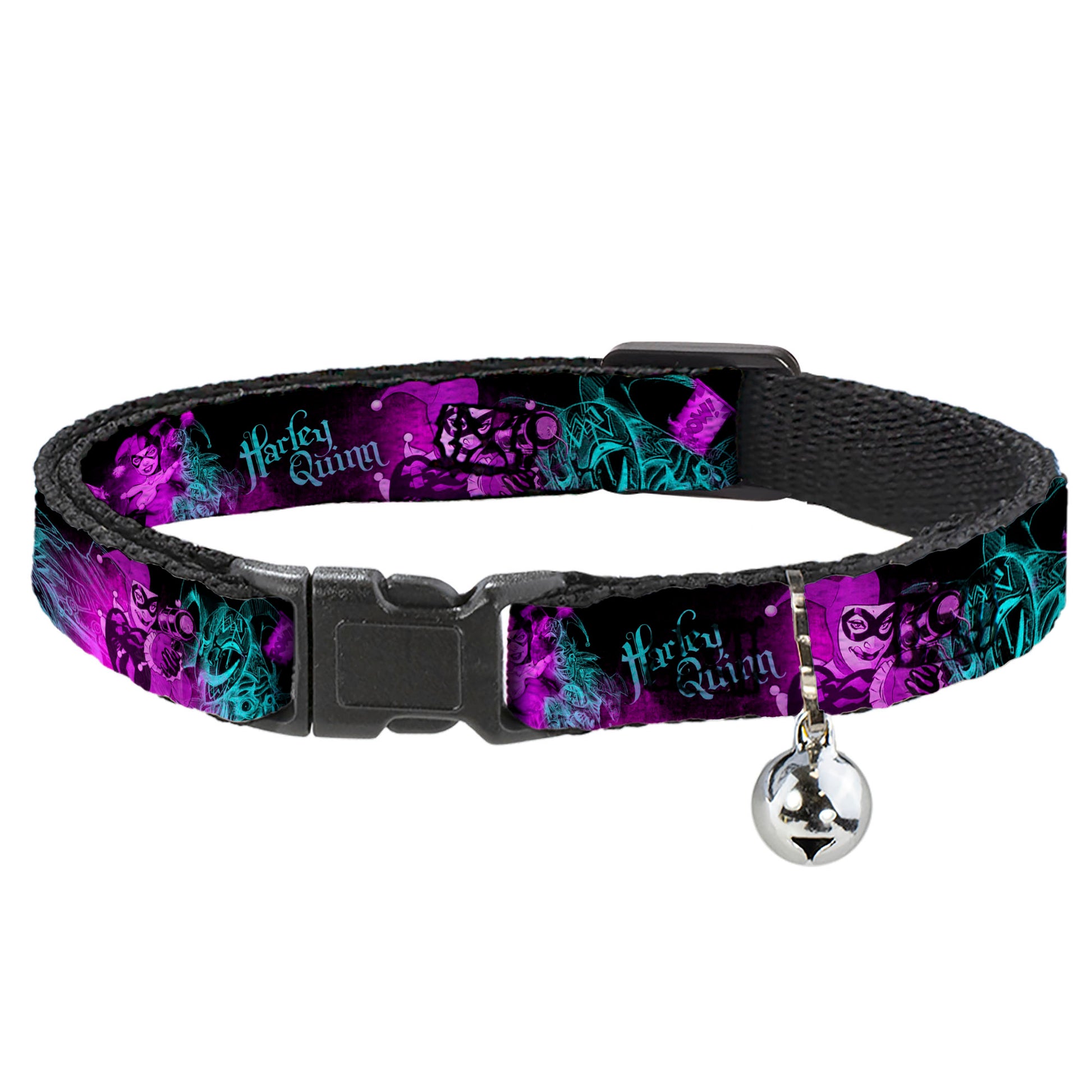 Cat Collar Breakaway - HARLEY QUINN Pow & Aiming Poses Joker Sketch Black Turquoise Fuchsia Breakaway Cat Collars DC Comics