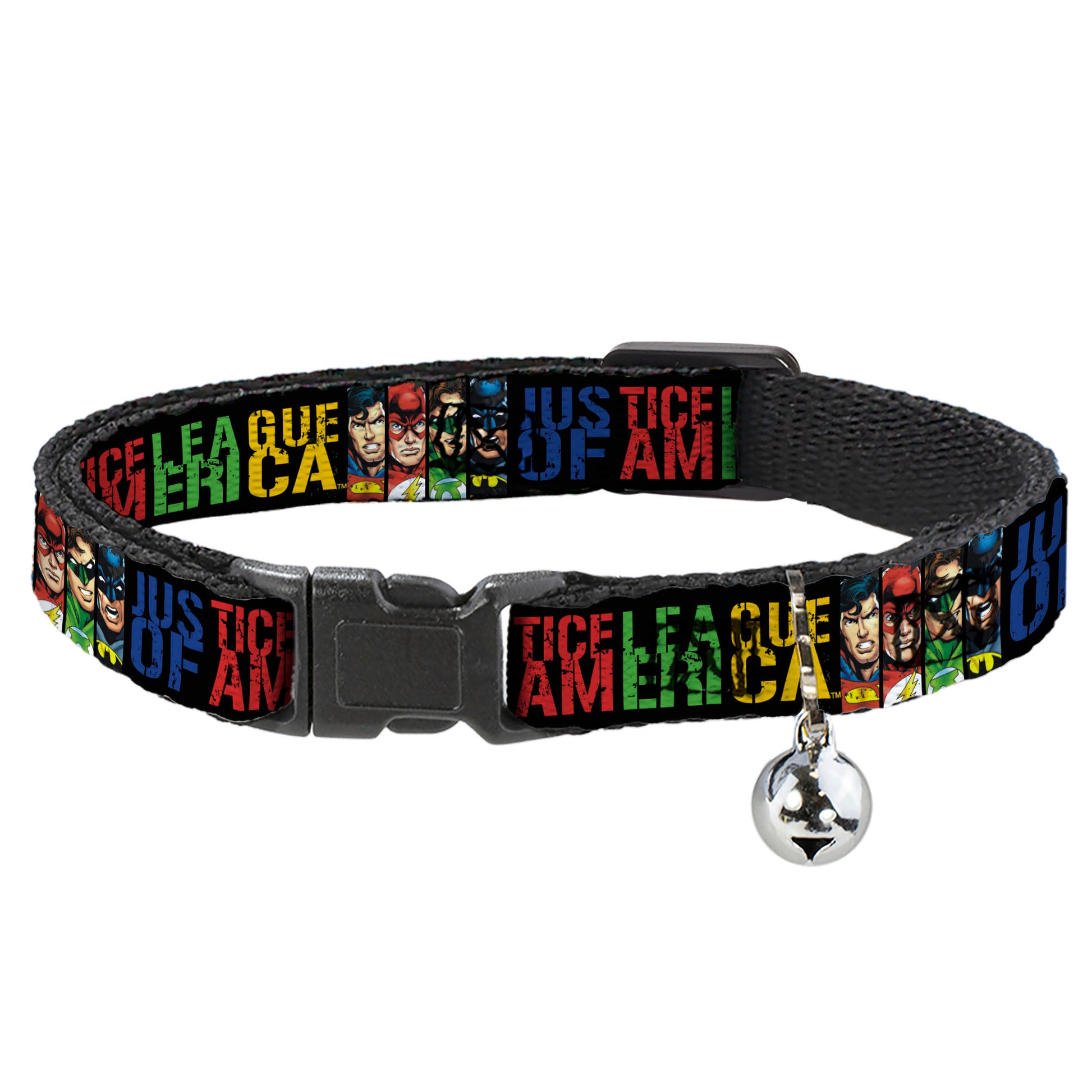 Cat Collar Breakaway - JUSTICE LEAGUE OF AMERICA w Superhero Blocks Black Multi Color Breakaway Cat Collars DC Comics
